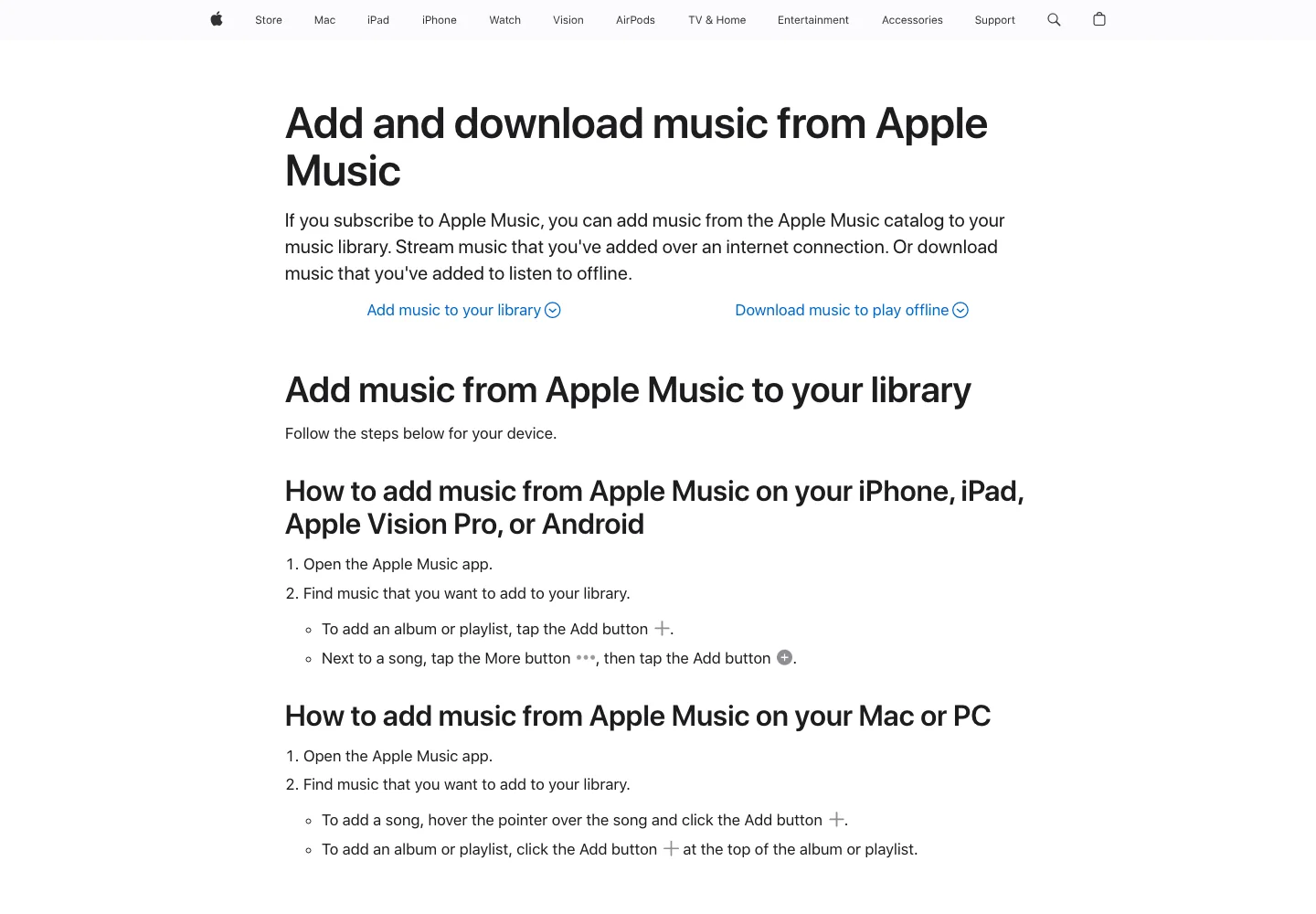 Apple Support page showing how to add and download music from Apple Music