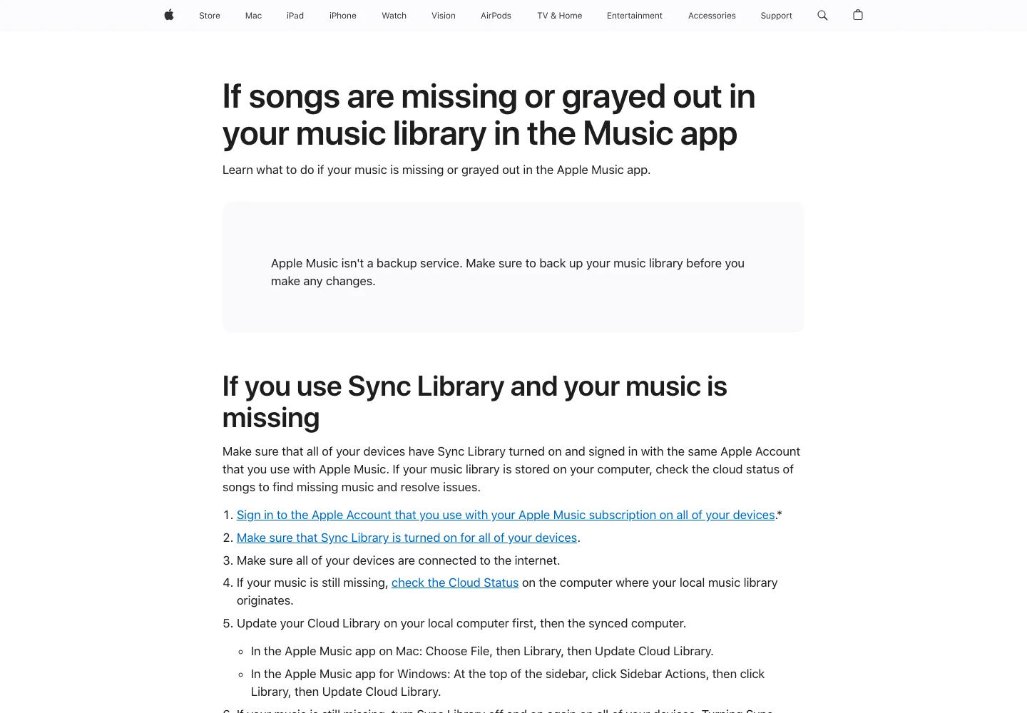 Apple Support page explaining missing or grayed-out music in the Music app