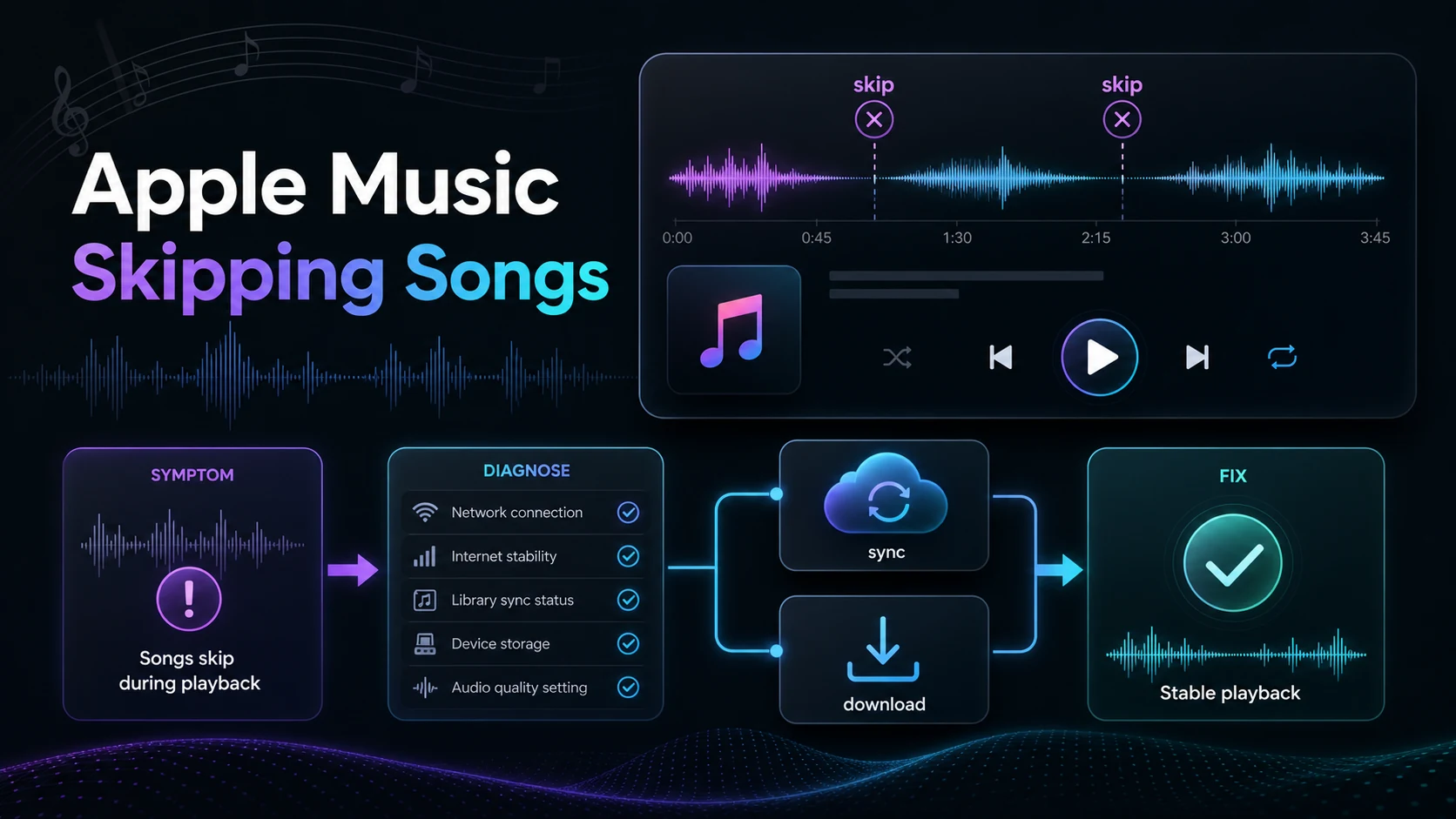 Apple Music skipping songs troubleshooting workflow with playback, sync, and download checks