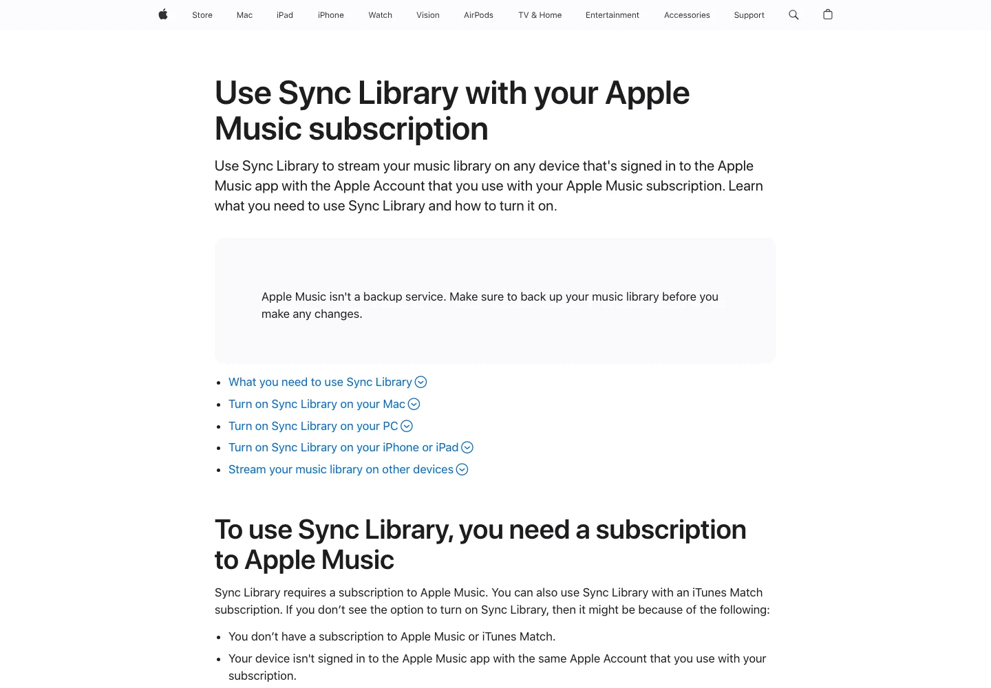 Apple Support Sync Library page for checking Apple Music subscription and library sync settings