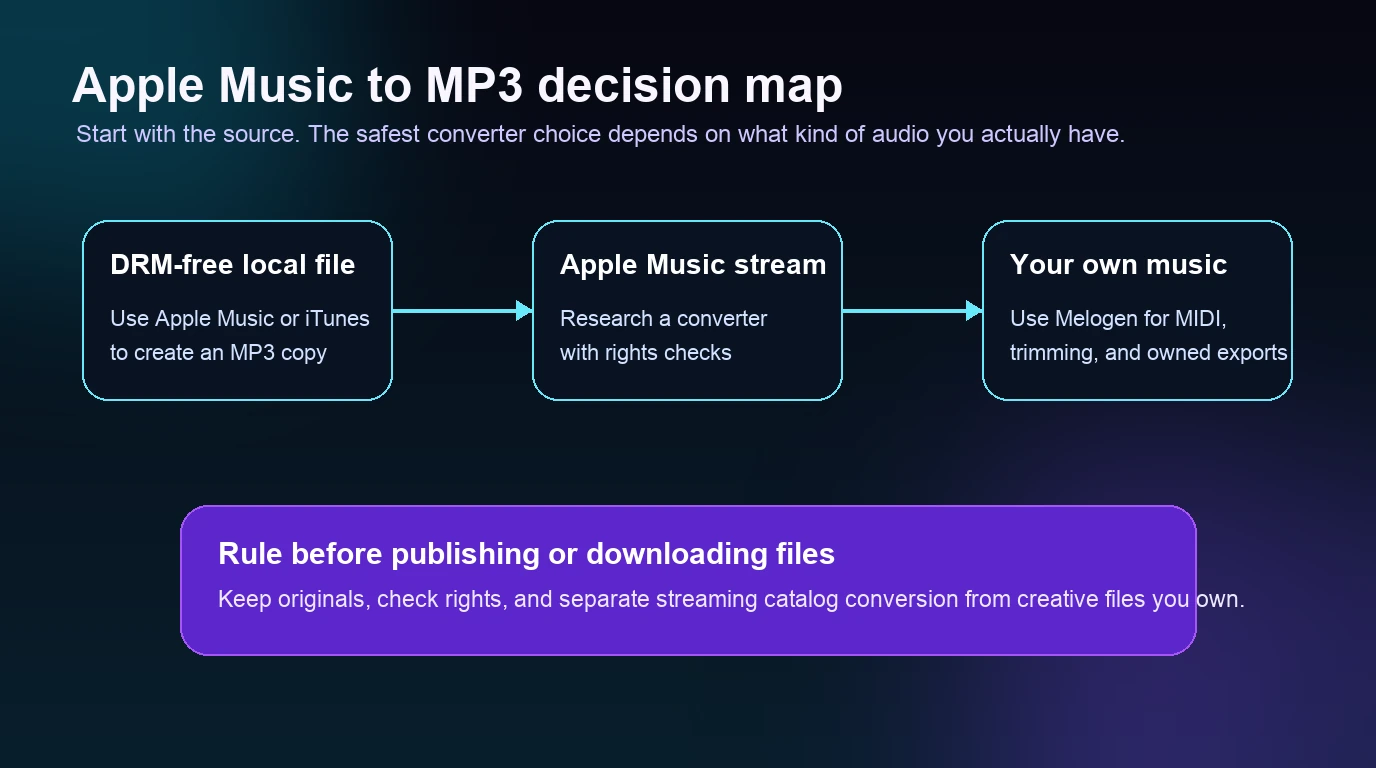 Apple Music to MP3 decision map separating local files, streaming research, and owned audio workflows