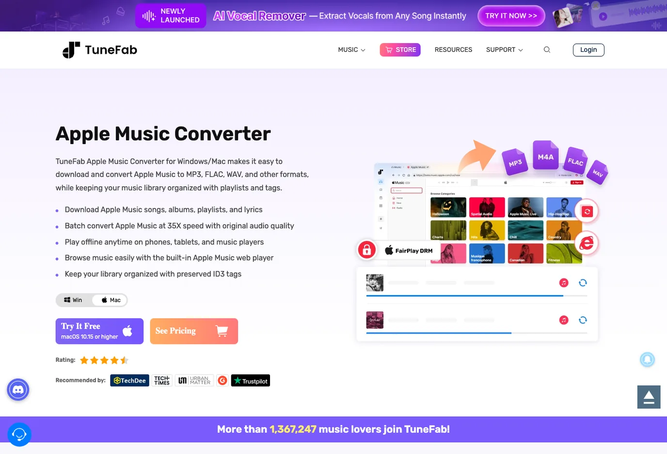 TuneFab Apple Music Converter official product page for Apple Music to MP3 converter research