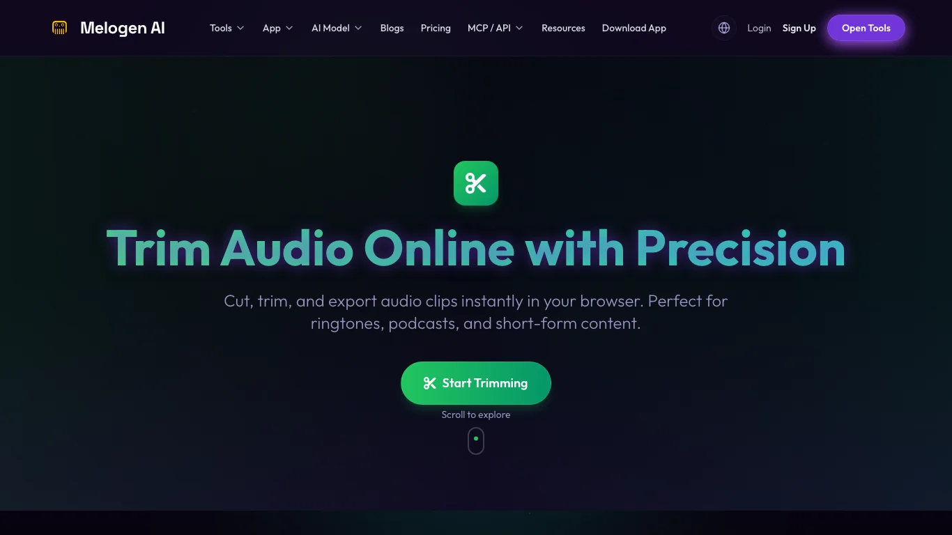 Melogen Music Trimmer page for preparing owned local audio before playlist use