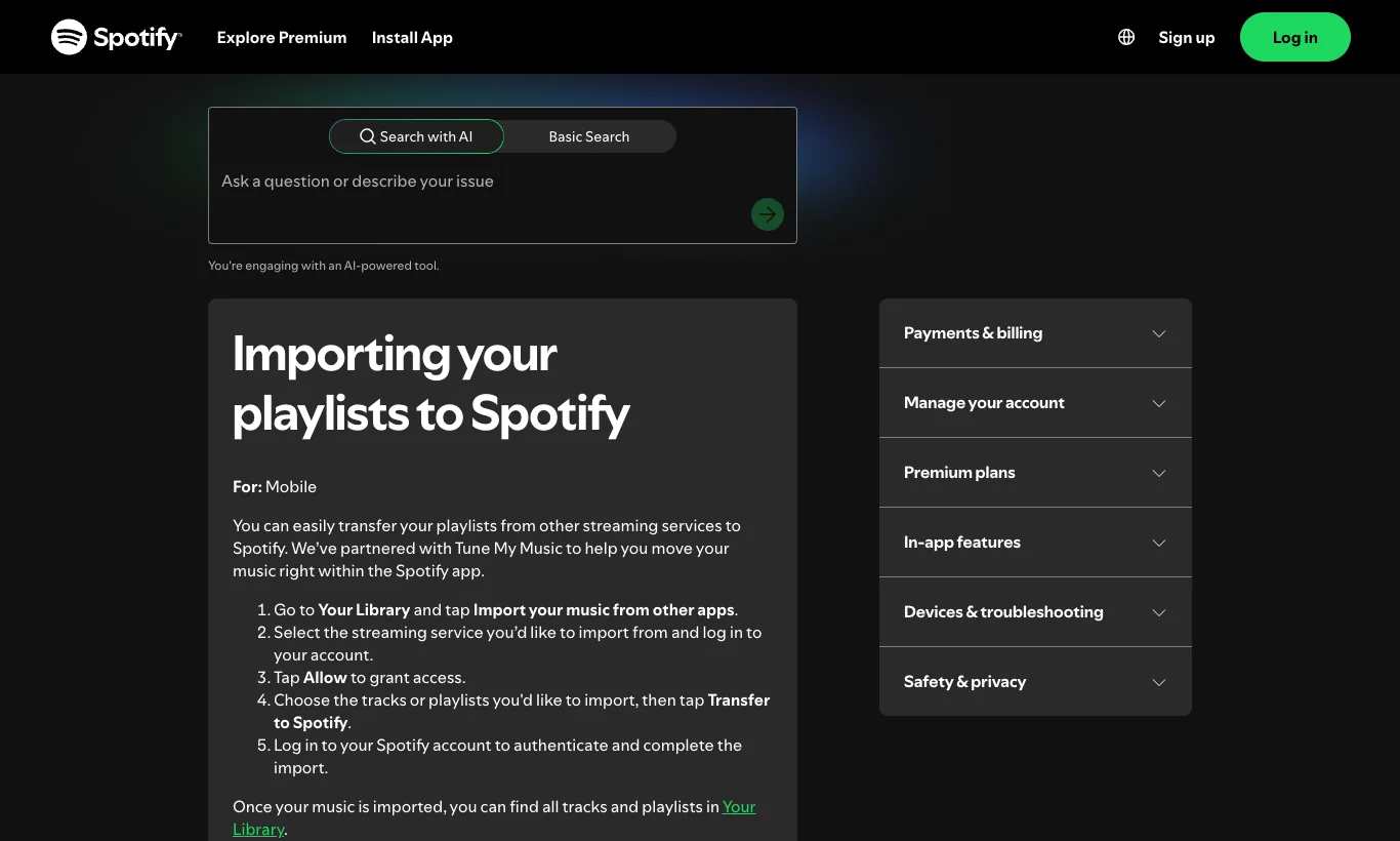 Spotify official support page for importing playlists to Spotify