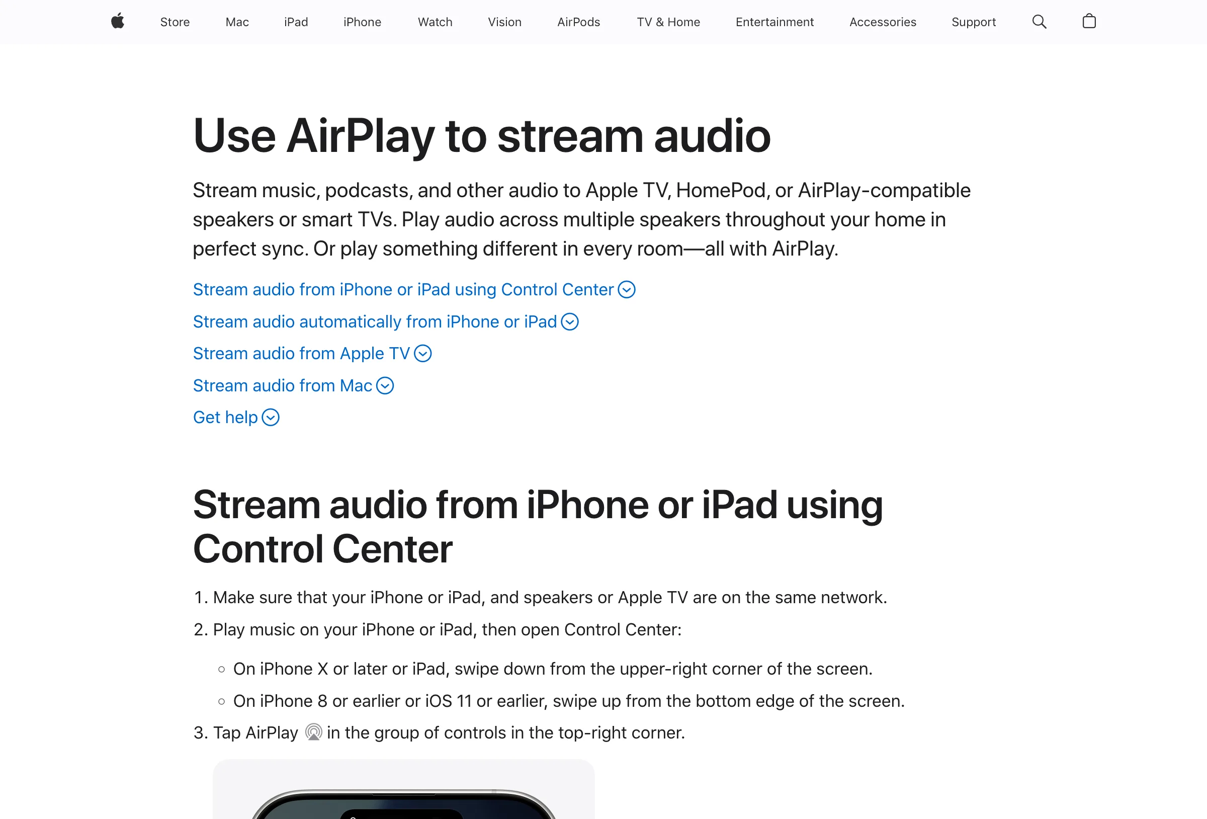 Apple official AirPlay audio support page for streaming to compatible speakers
