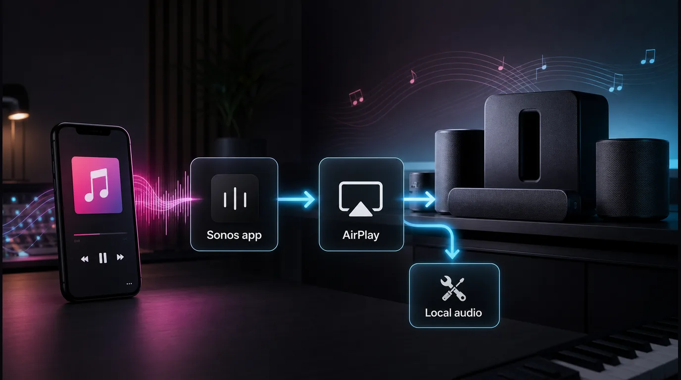 Apple Music with Sonos setup flow showing Sonos app AirPlay troubleshooting and local-audio cleanup