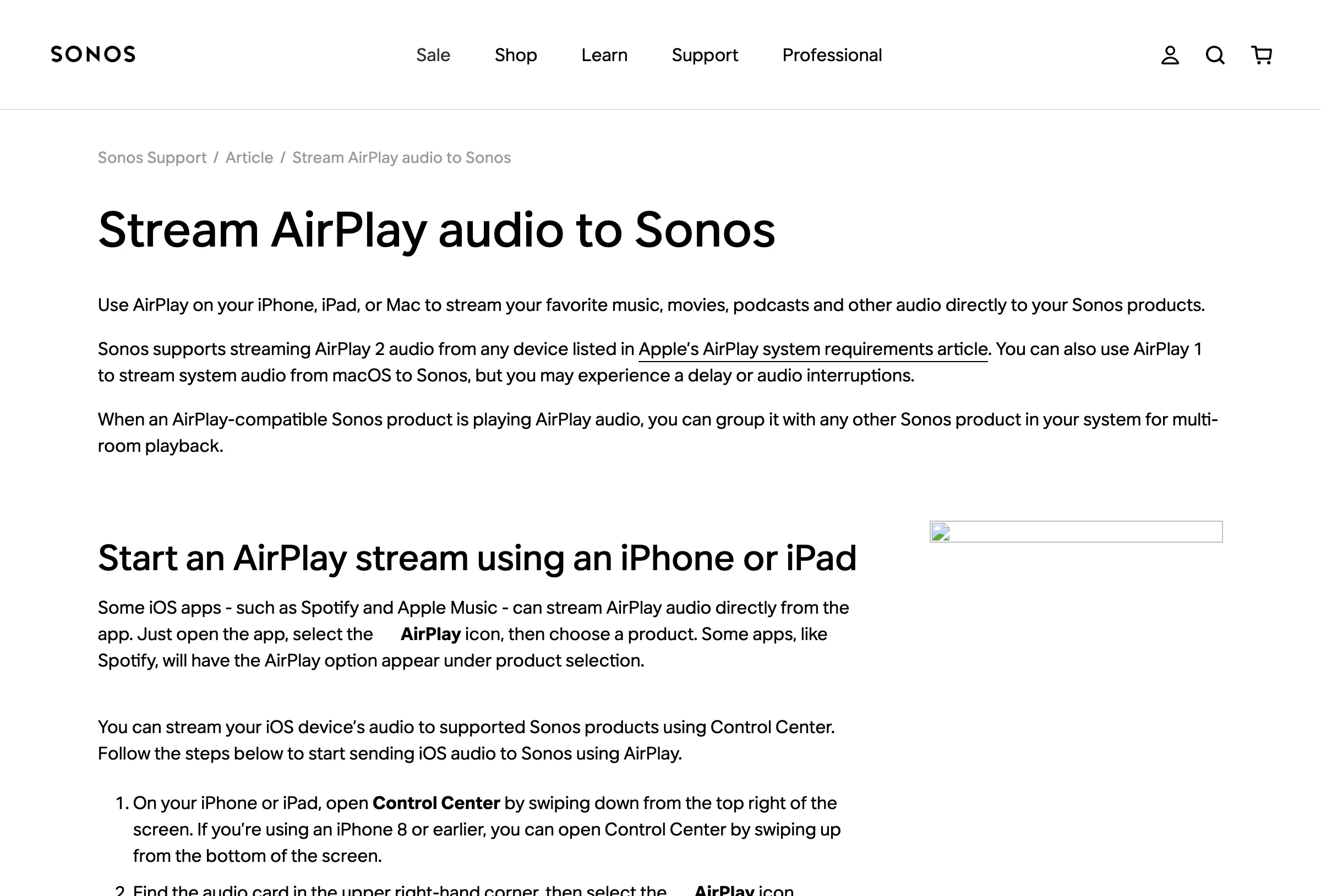 Sonos official AirPlay support page for streaming audio to Sonos products