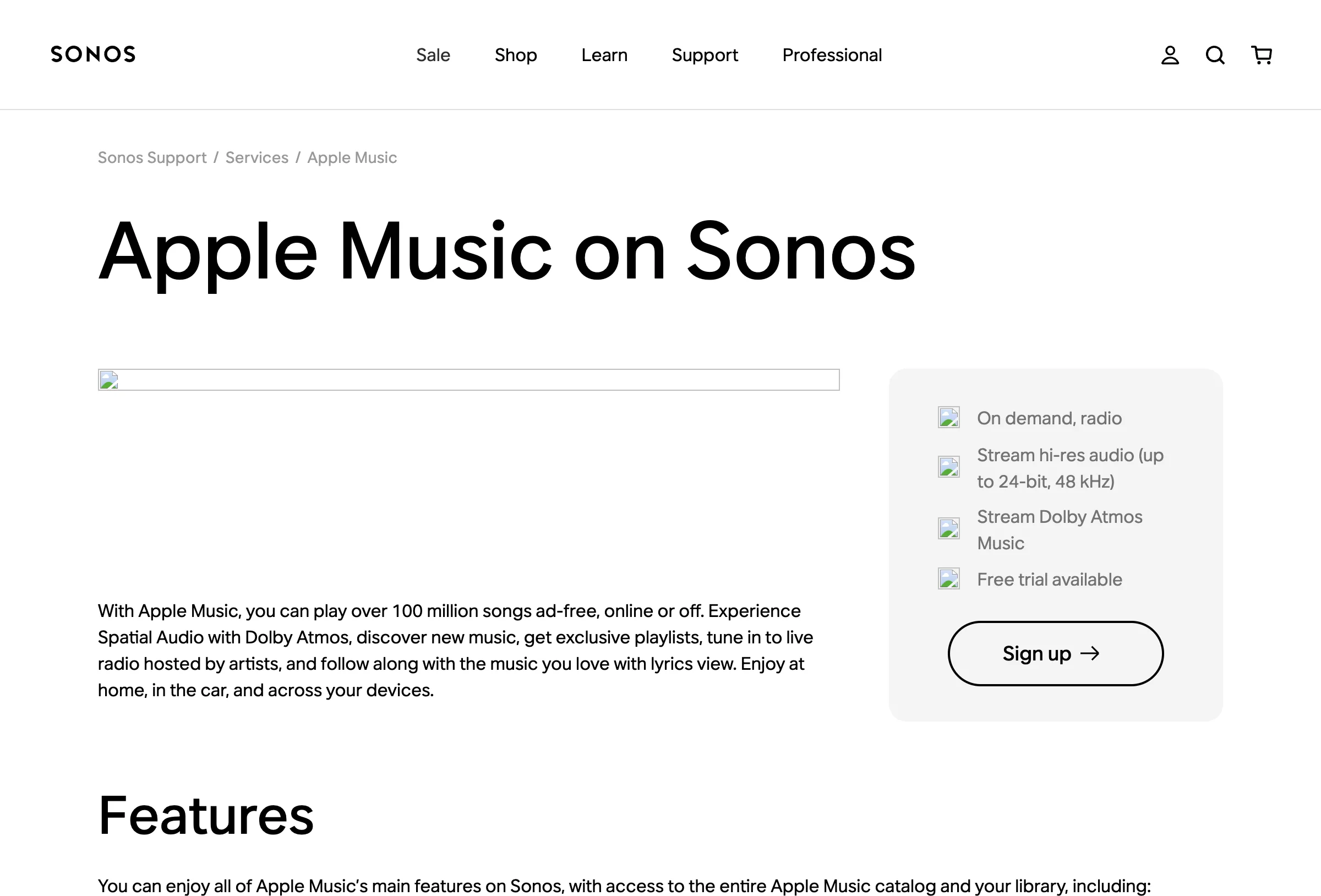 Sonos official Apple Music service page for adding Apple Music to Sonos