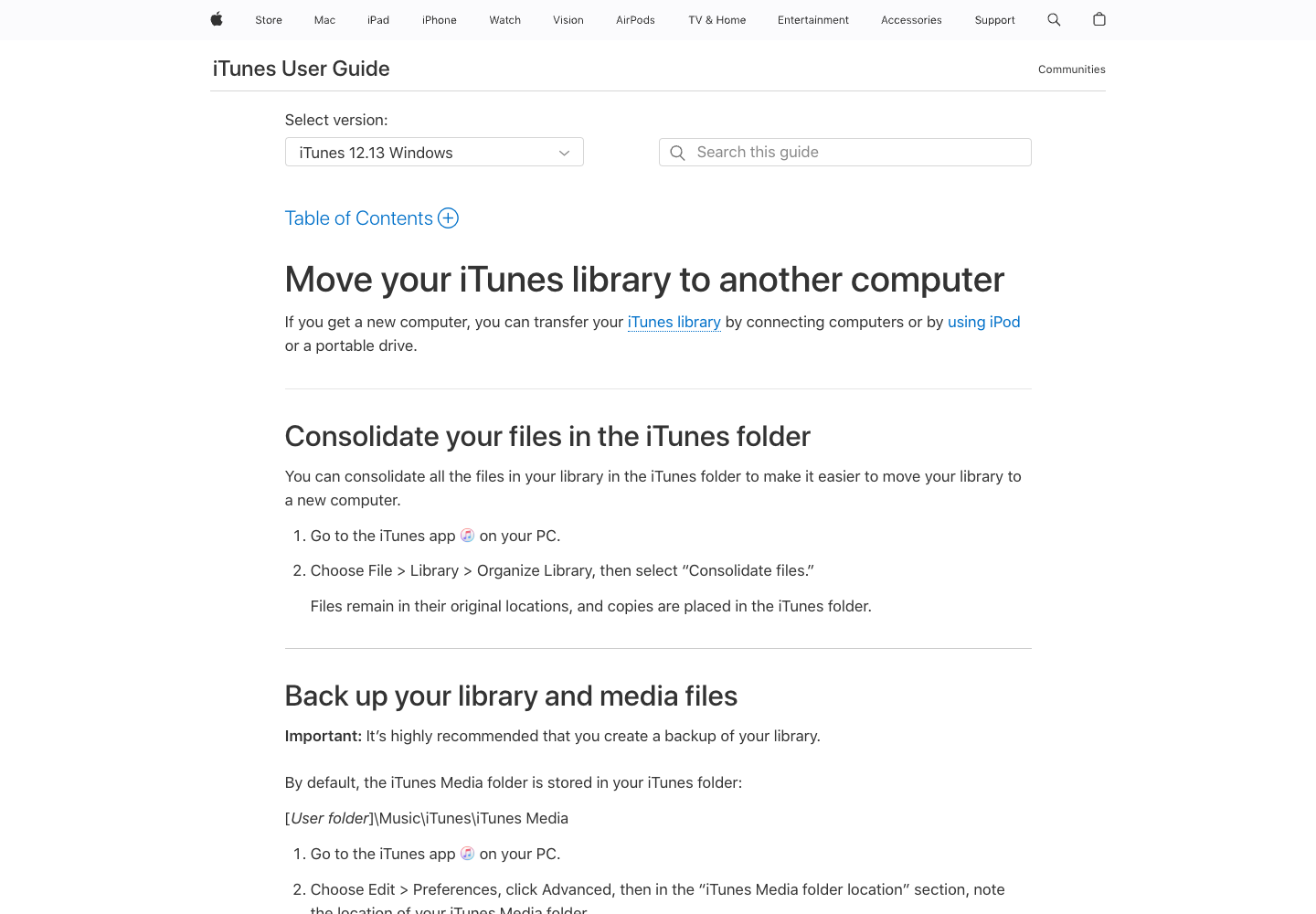 Apple iTunes support page for moving an iTunes library to another computer