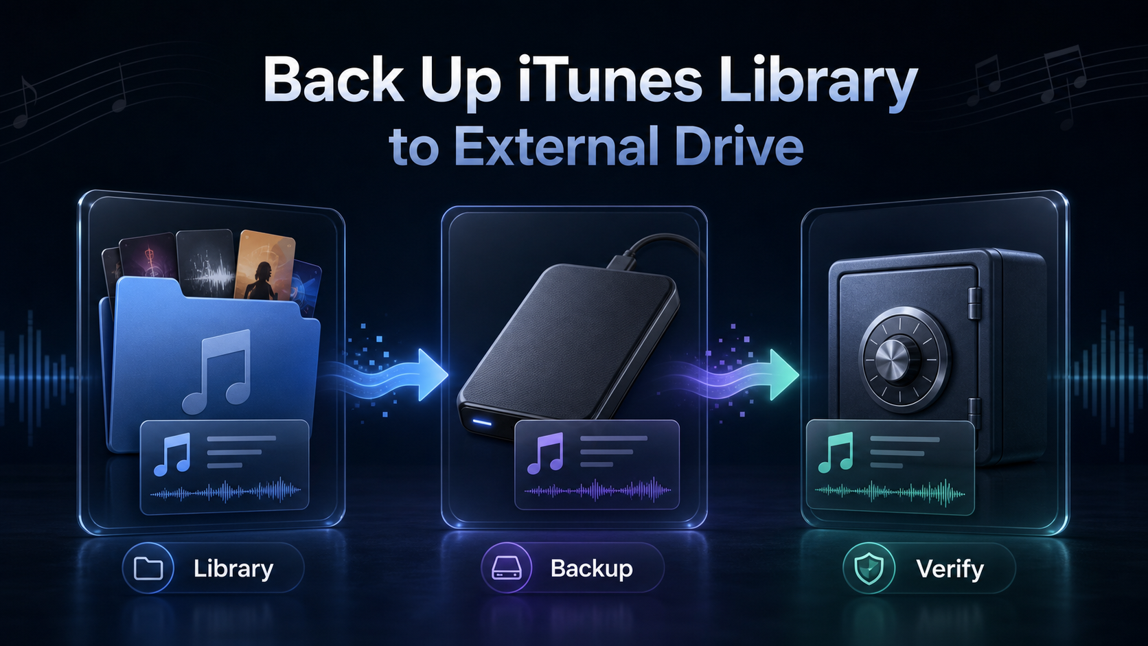 iTunes music library folder moving to an external drive with backup and verification steps
