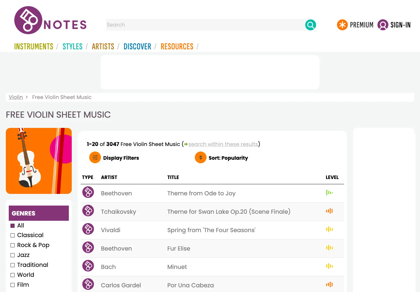 8notes violin sheet music page with beginner-friendly score browsing and level filters
