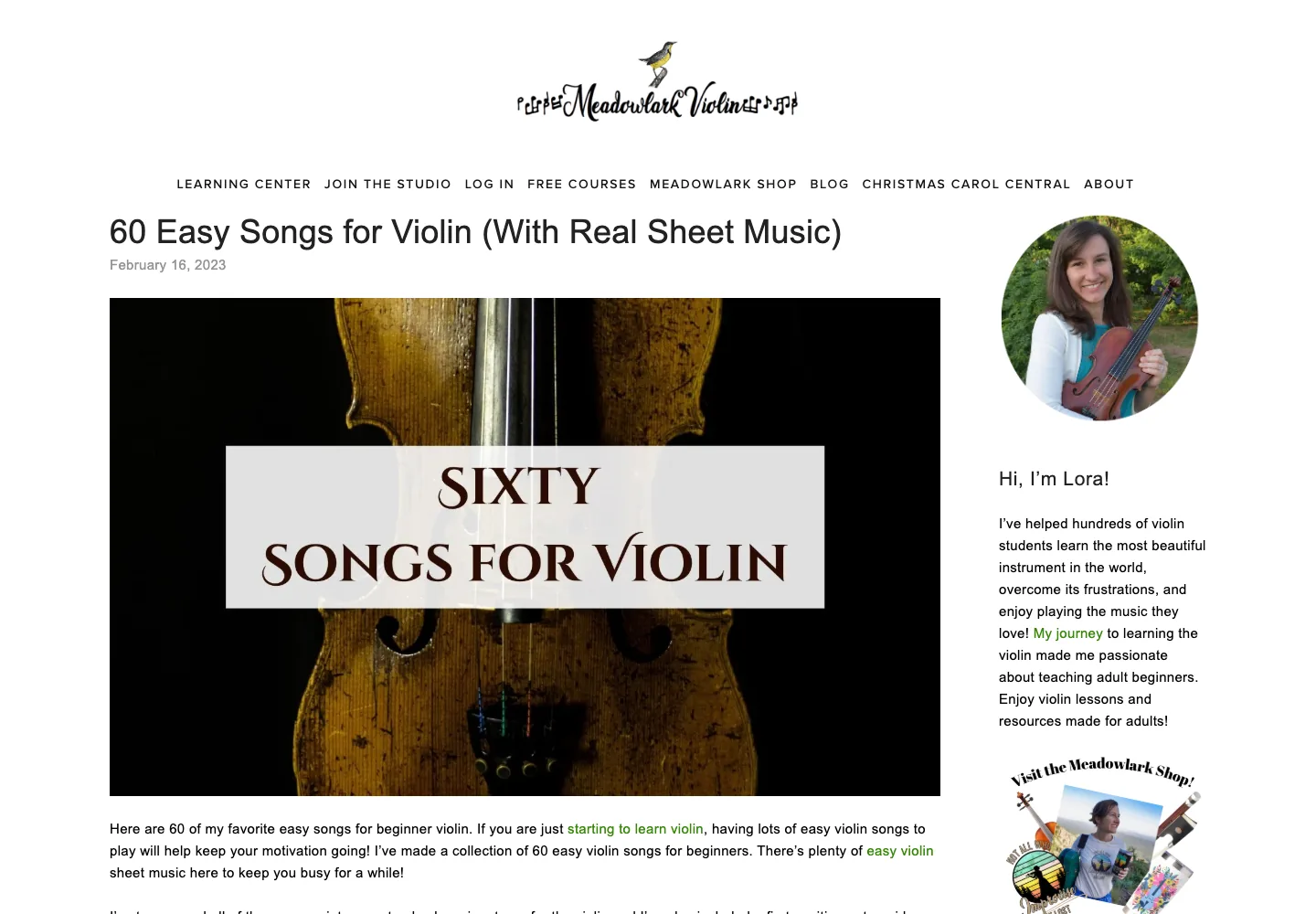 Meadowlark Violin beginner song article with real violin sheet music recommendations