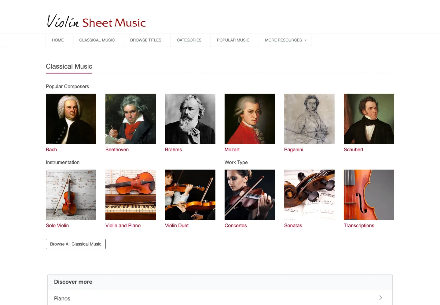 ViolinSheetMusic.org page organized by composers, work type, and classical violin categories