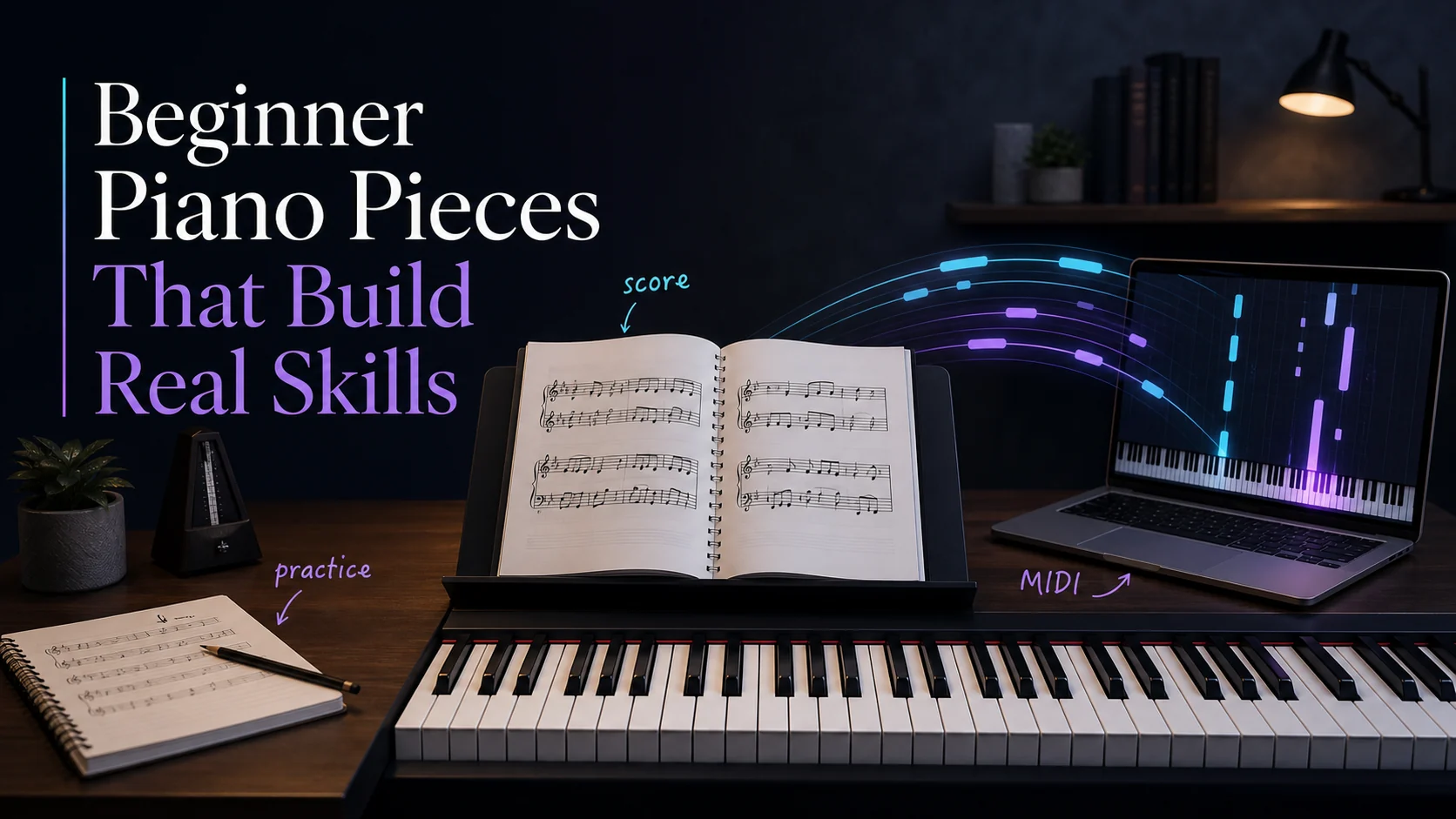 Beginner piano score flowing into MIDI lanes for practice