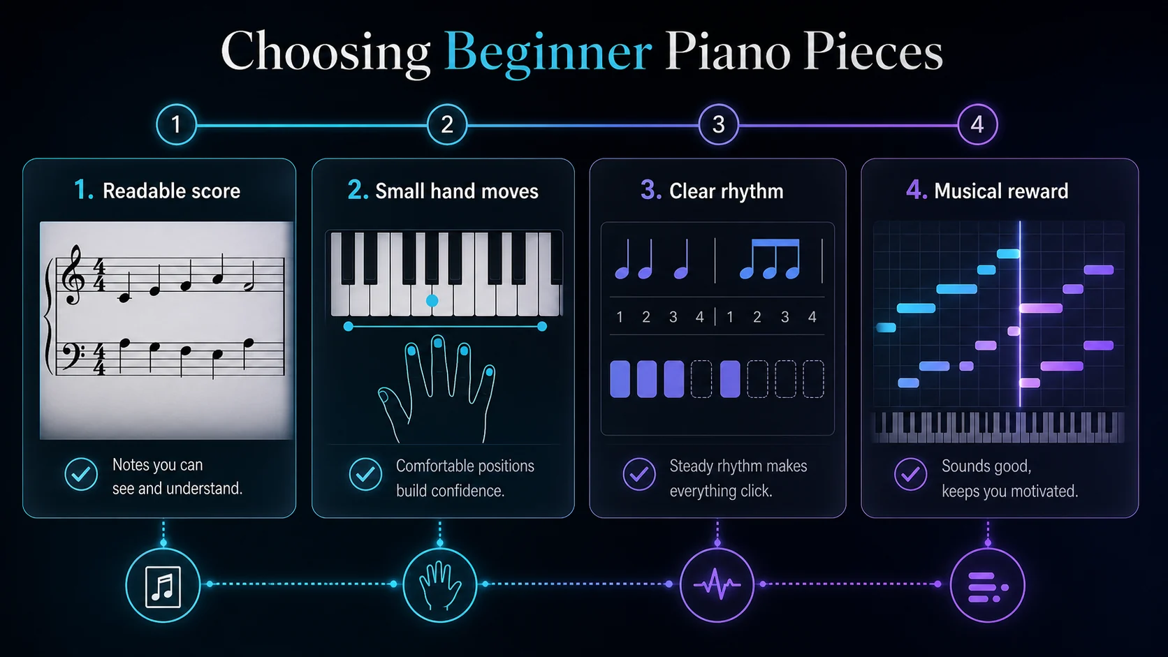 Four-panel checklist for choosing beginner piano pieces by readable score, small hand moves, clear rhythm, and musical reward