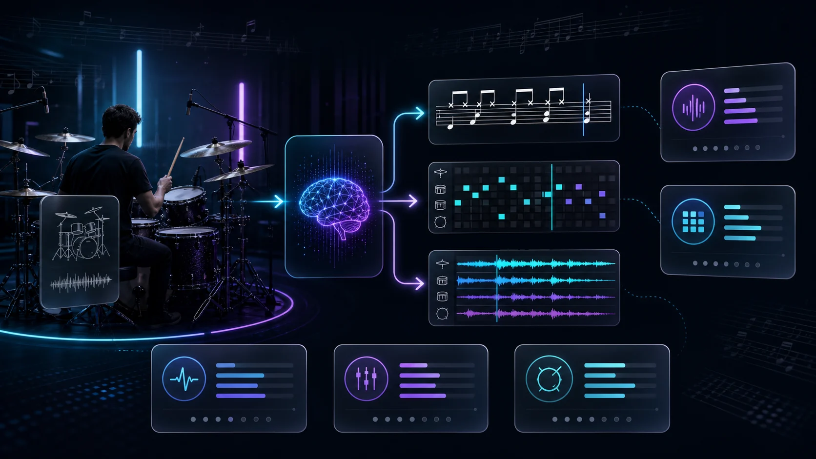 Drummer feeding a performance into AI drum transcription workflows for notation and MIDI