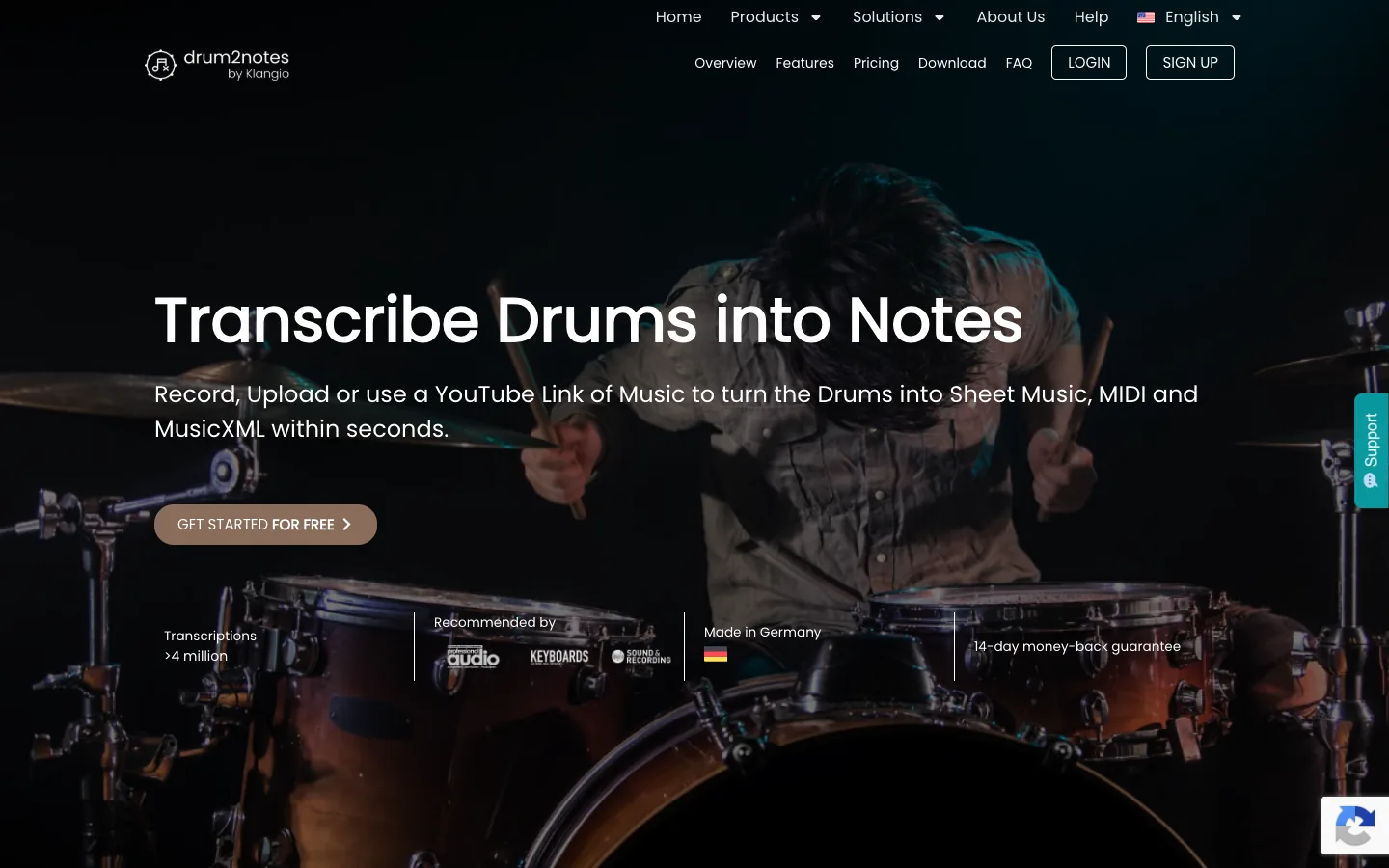 Klangio Drum2Notes official product page showing its drum transcription workflow