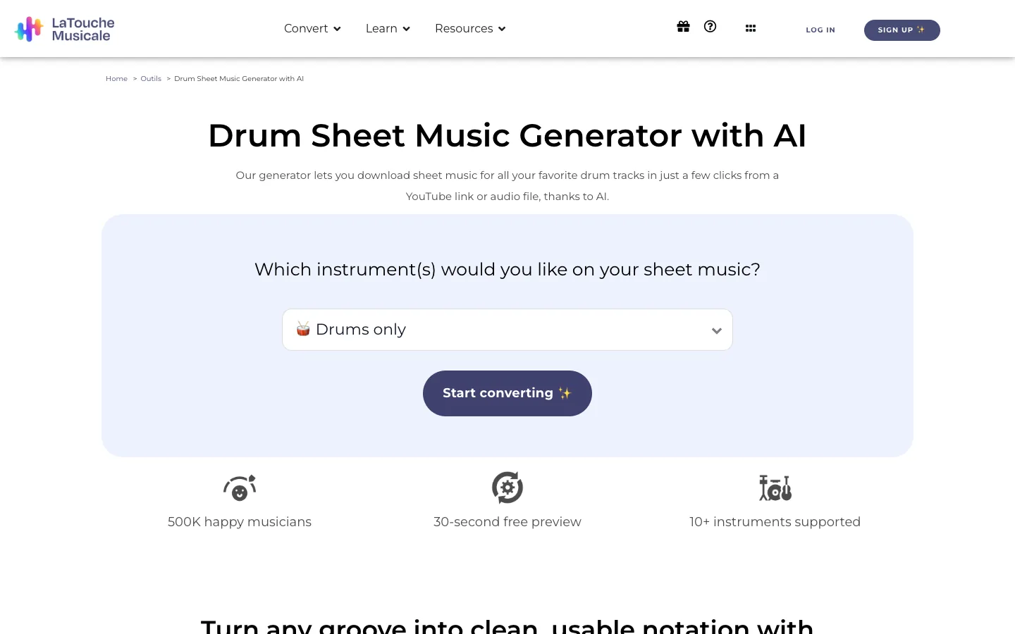 DrumConvert official product page for AI drum notation and export