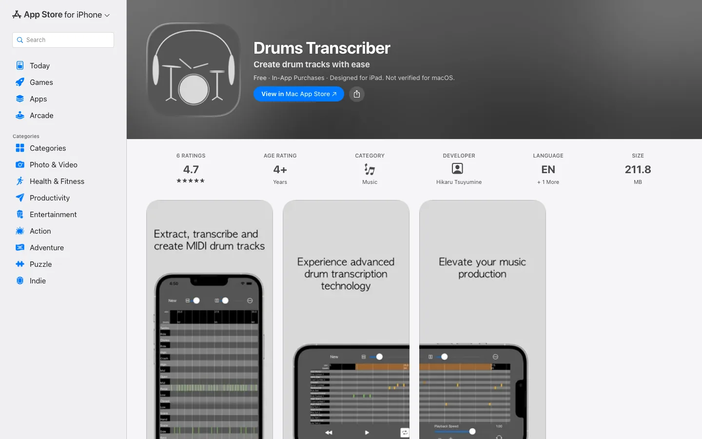 Drums Transcriber listing on the official Apple App Store
