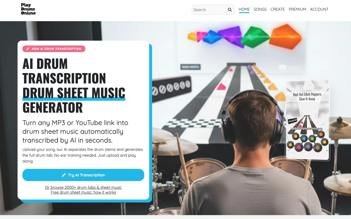 Play Drums Online official product page combining drum separation, notation, and practice