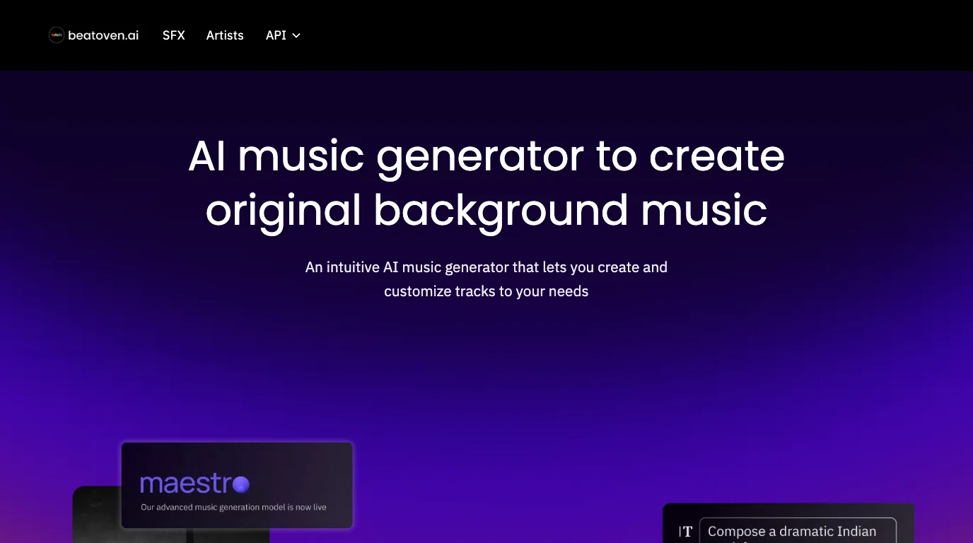 Beatoven.ai official page for creating original background music with AI
