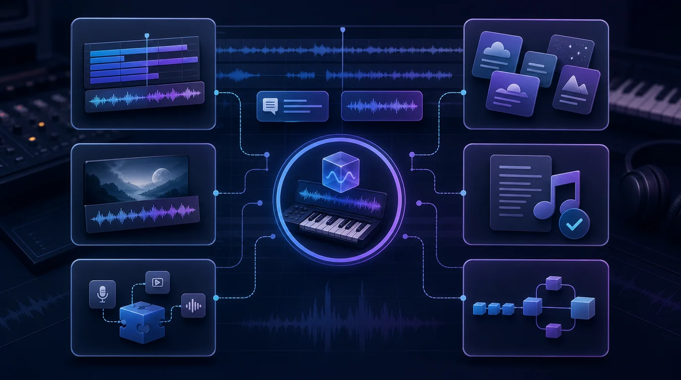 AI music generator workflows branching into song, score, and creator-focused paths