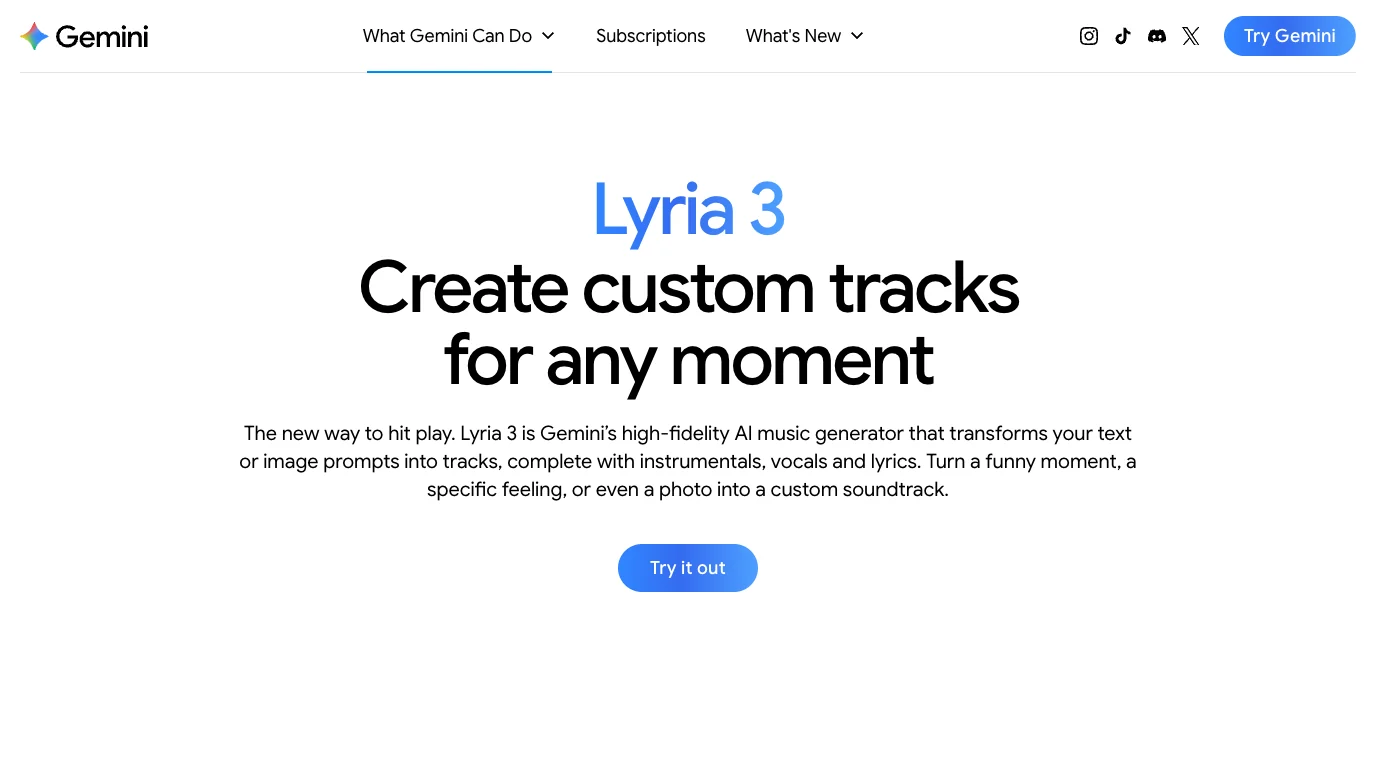 Gemini Lyria 3 official page describing custom tracks from text or image prompts