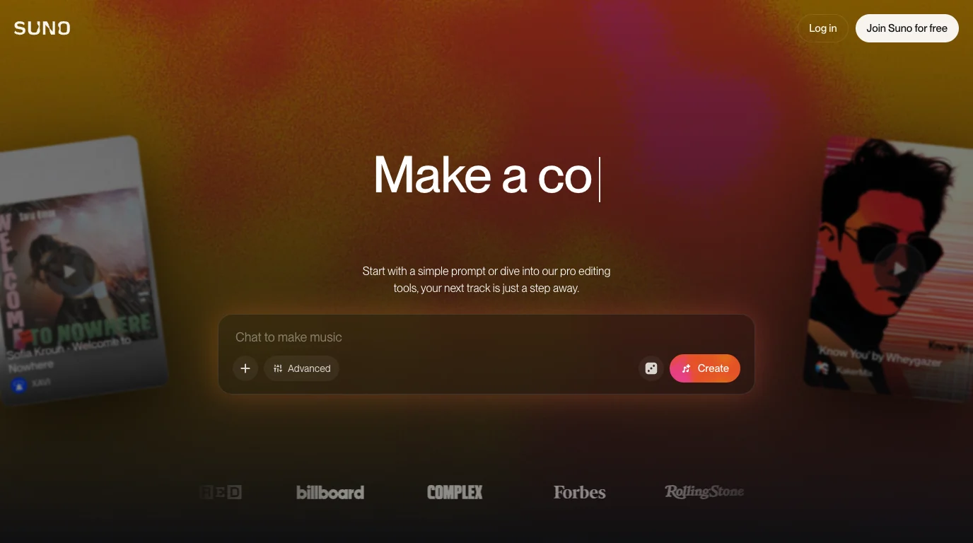Suno official AI music generator page with a prompt-based song creation workspace