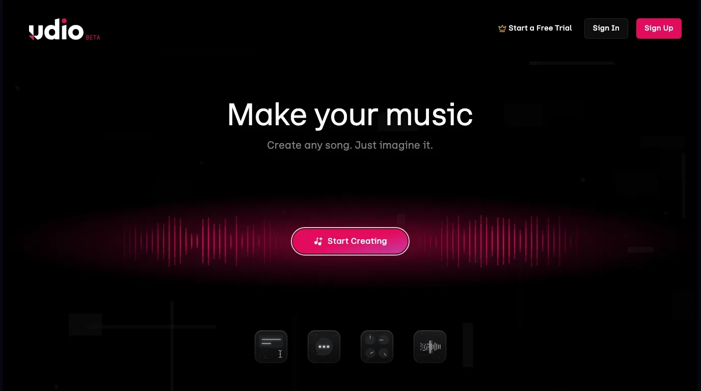 Udio official AI music generator page with a prompt-first creation interface