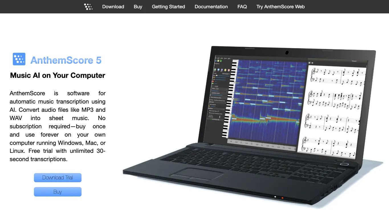 AnthemScore official product page for automatic music transcription software