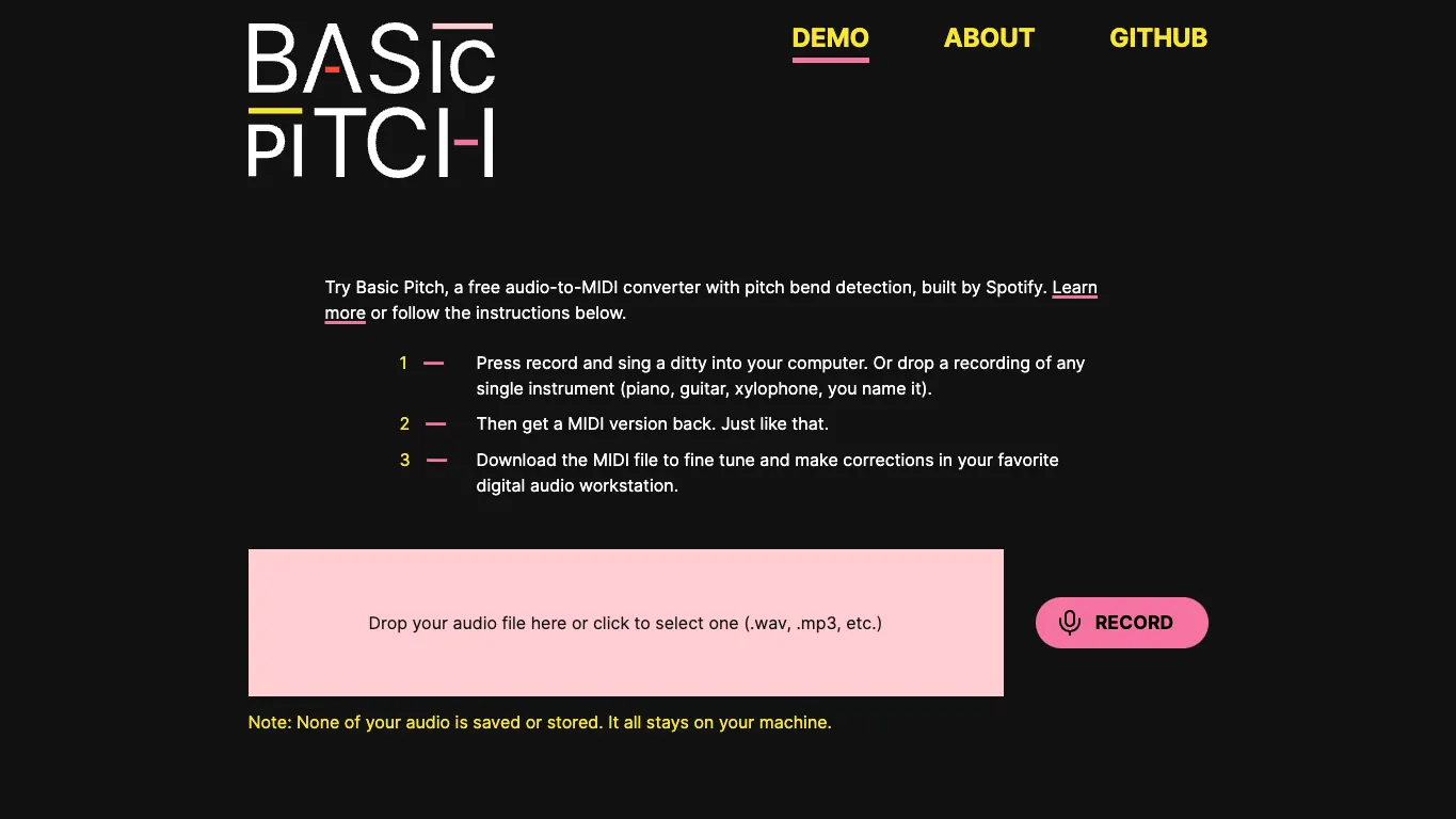 Basic Pitch official product page for free audio to MIDI conversion