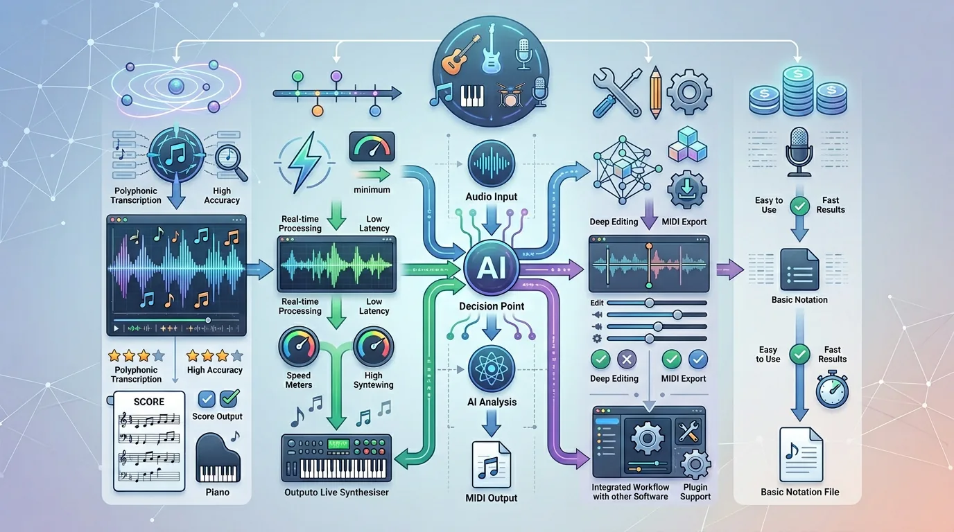 AI music transcription tools compared by source type and output format