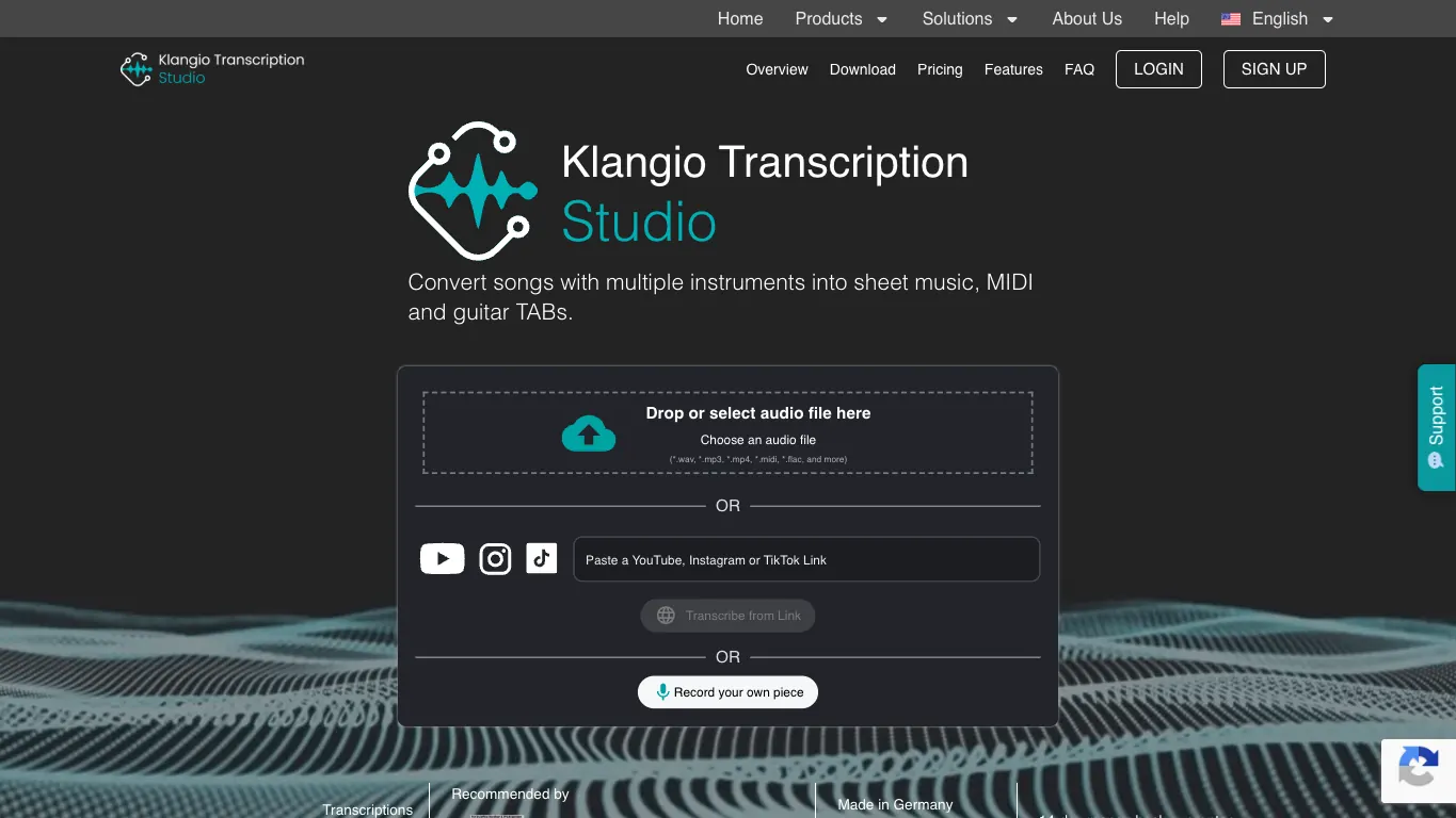 Klangio Transcription Studio official product page for turning songs into notes