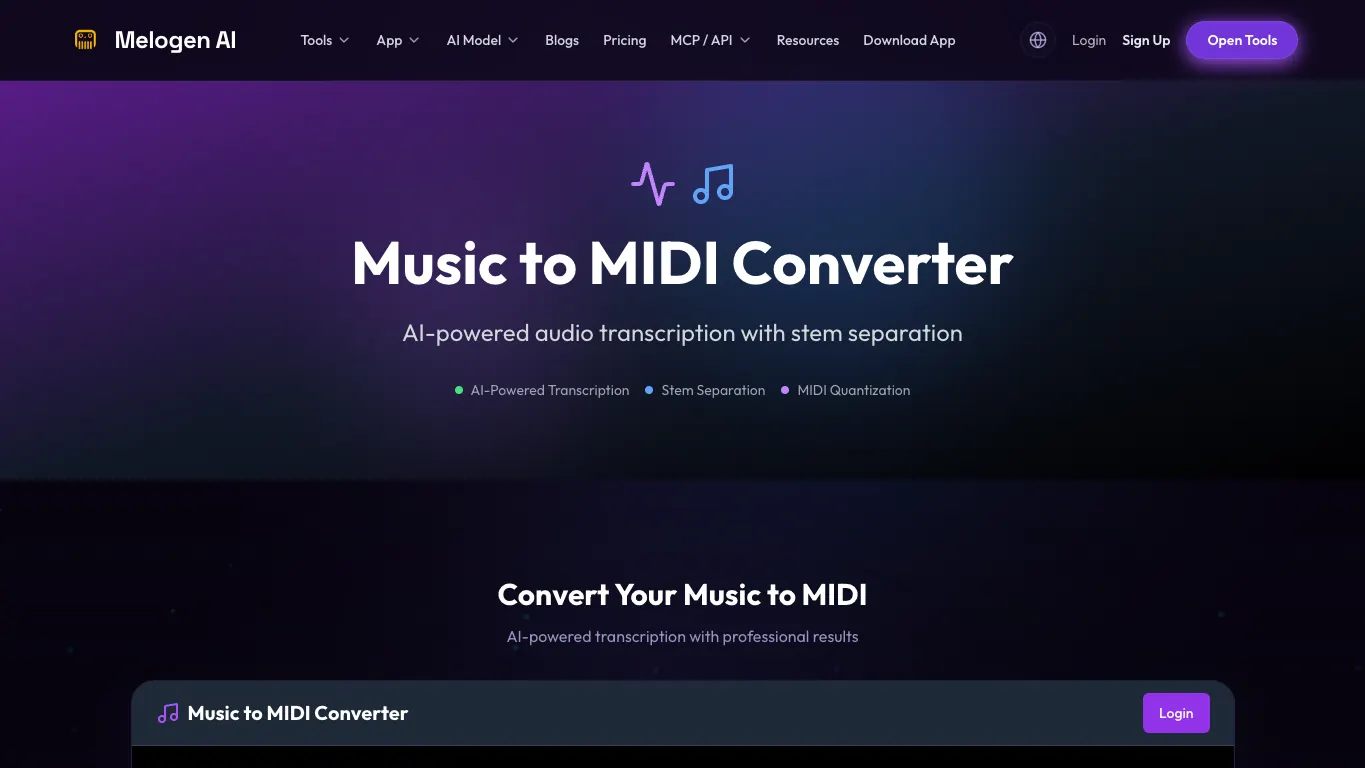 Melogen Music2MIDI product page showing a browser-based music to MIDI workflow