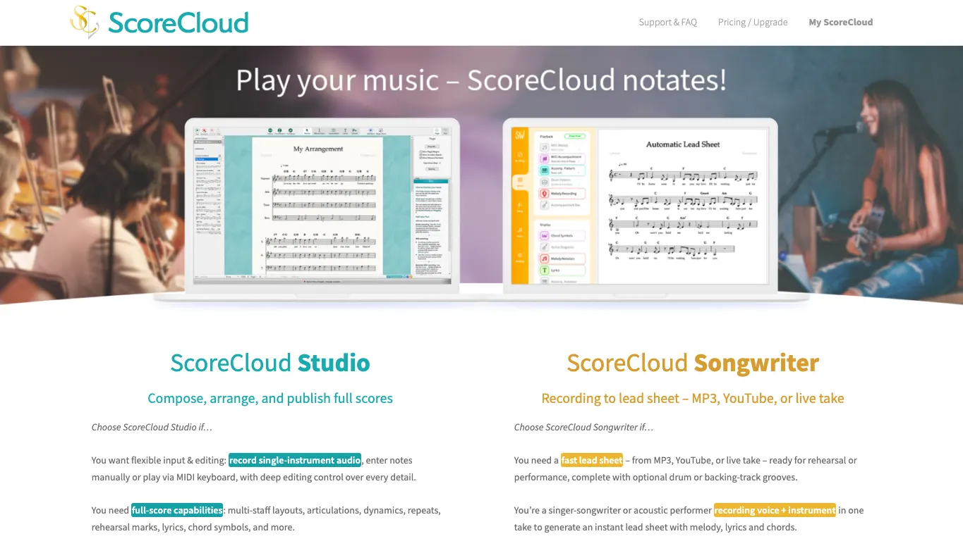 ScoreCloud official product page for notation, lead sheets, and transcription workflows