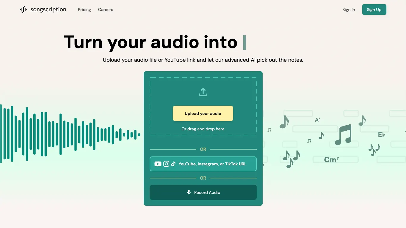 Songscription AI official product page for sheet music, MIDI, and guitar tab transcription