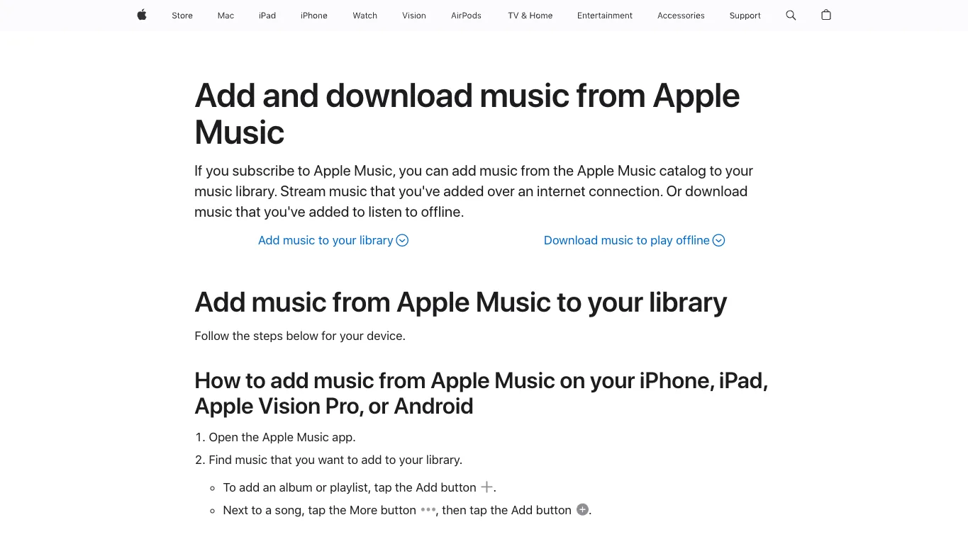 Página oficial de soporte para descargas de Apple Music