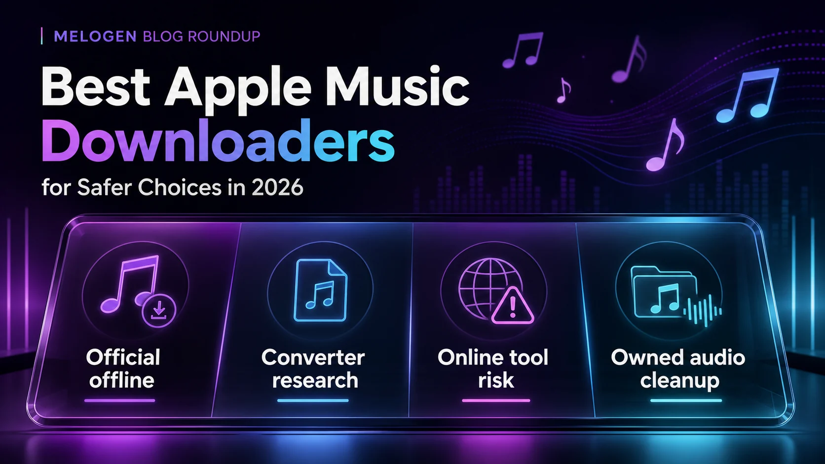 Apple Music downloader comparison board separating official offline listening, converter research, online tool risk, and owned audio cleanup
