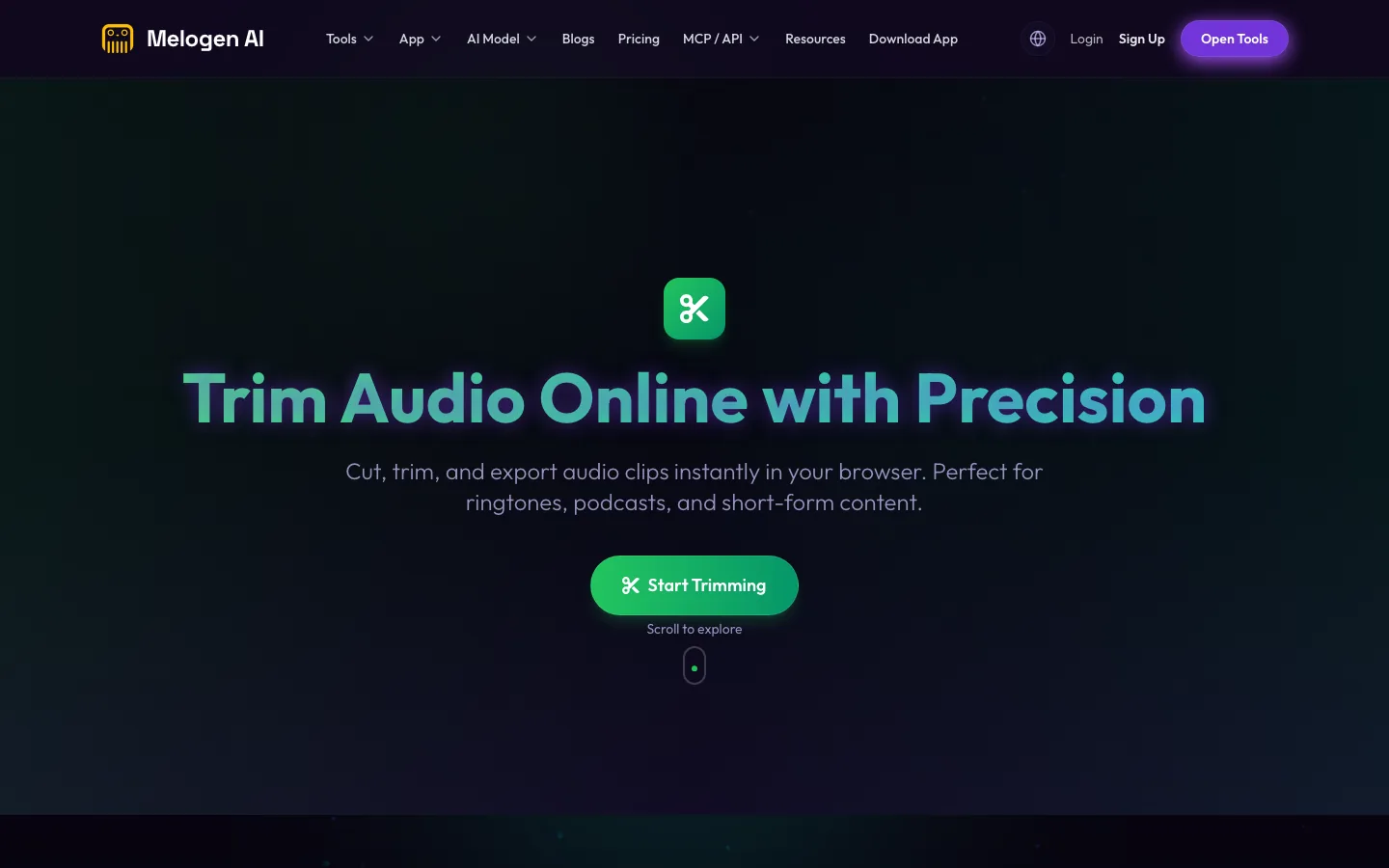 Página de Melogen Music Trimmer para limpiar audio propio