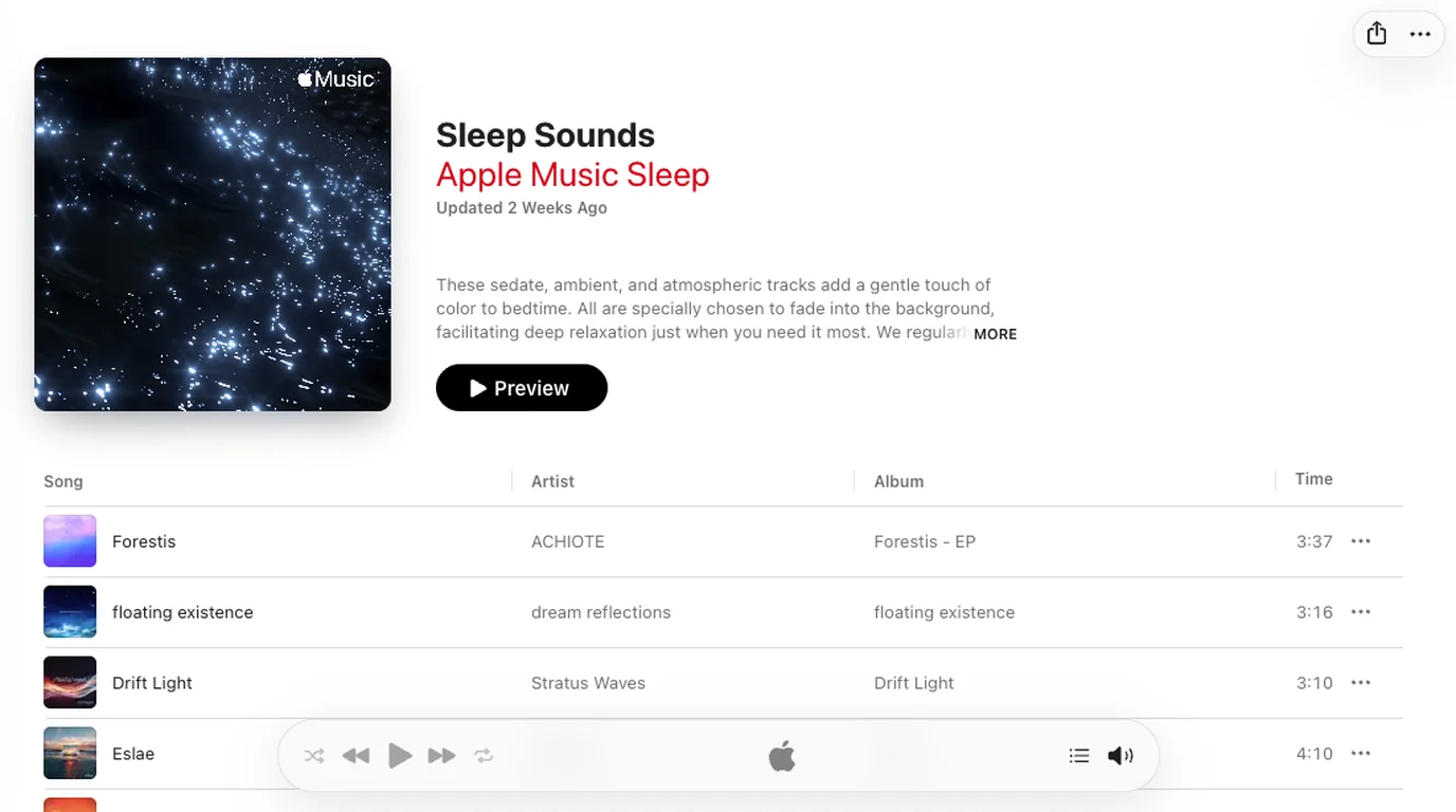 Apple Music public page for the Sleep Sounds editorial playlist