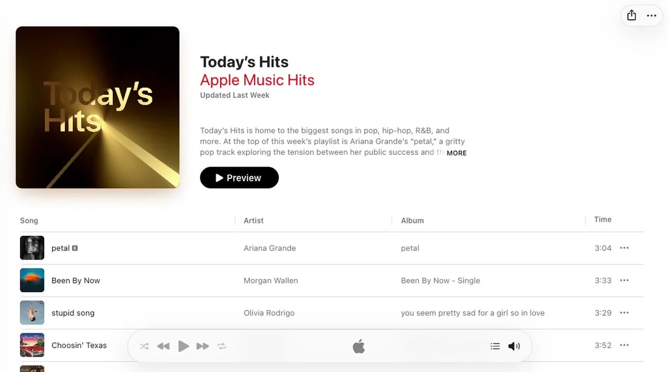 Apple Music public page for the Today's Hits editorial playlist
