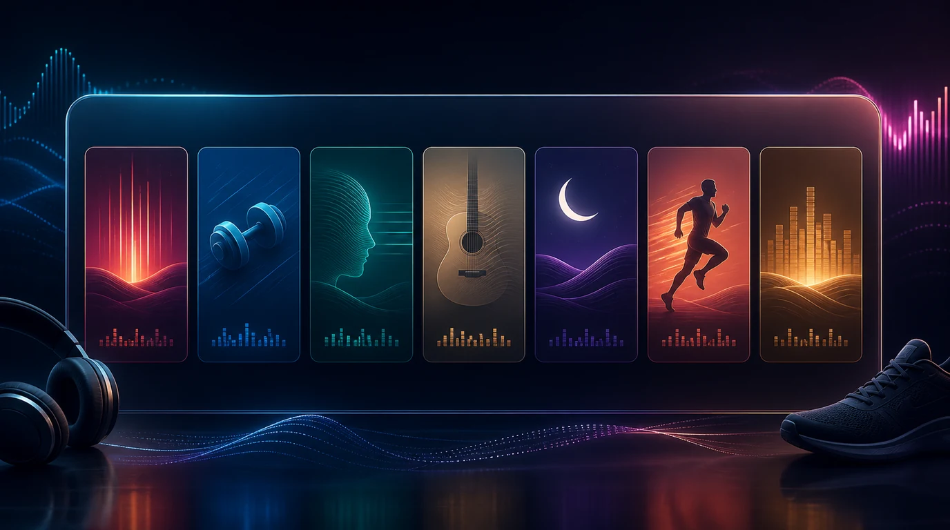 Playlist cards for discovery, workouts, focus, acoustic music, sleep, and running