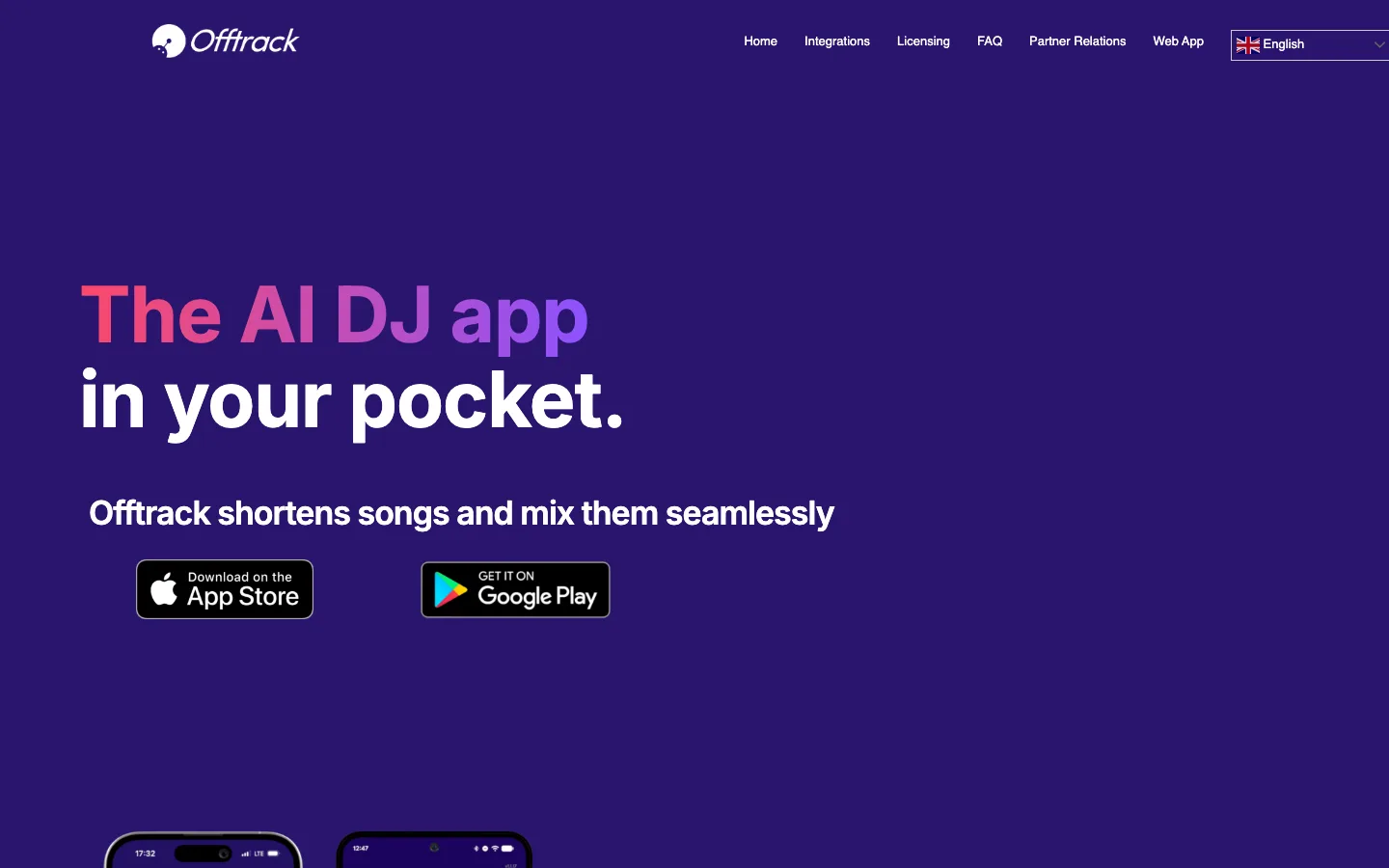 Offtrack official page for mobile AI DJ mixing