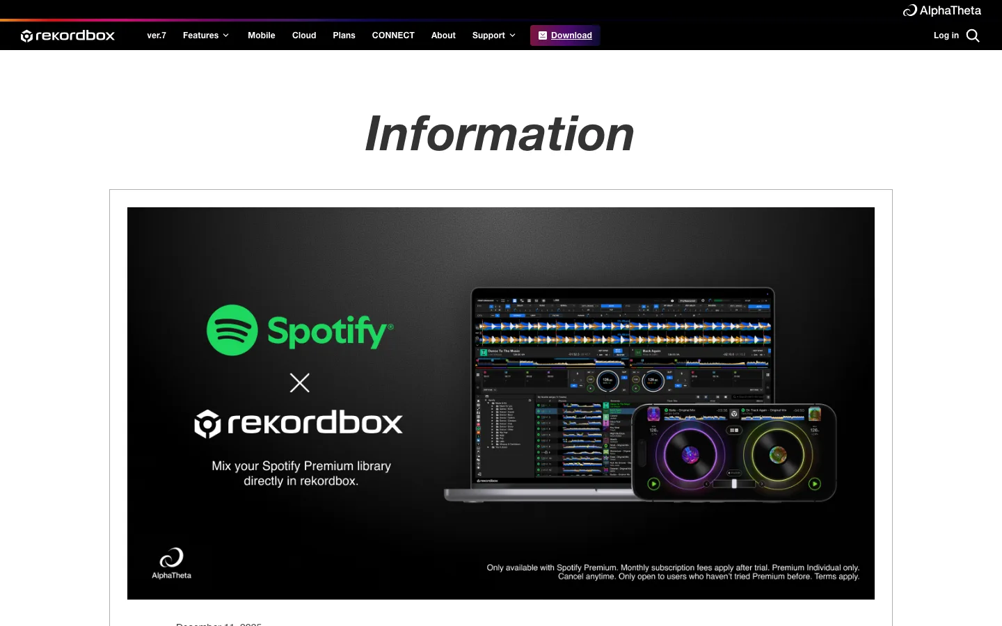 rekordbox official Spotify support announcement page