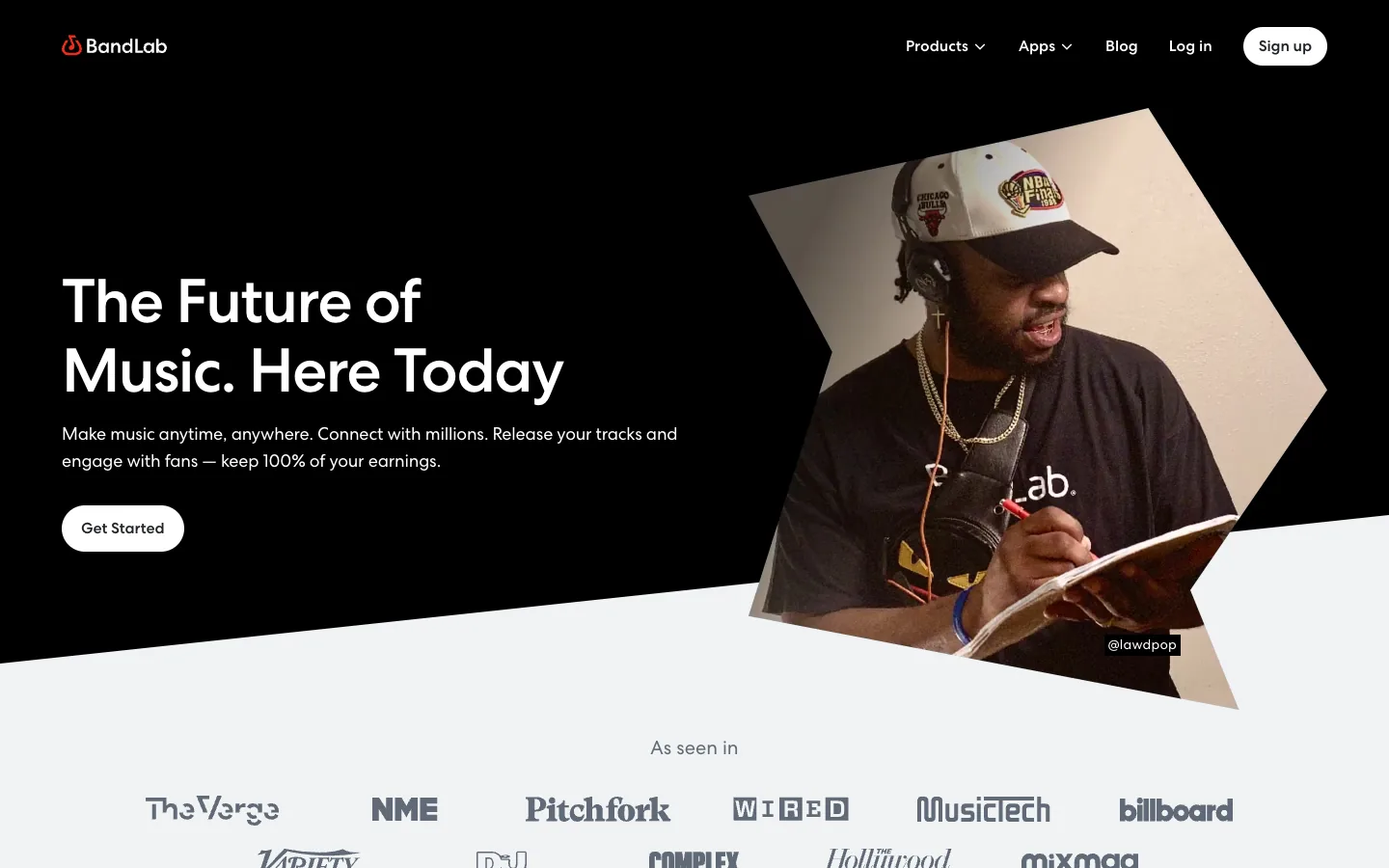 BandLab official home page showing a music creation platform for creators