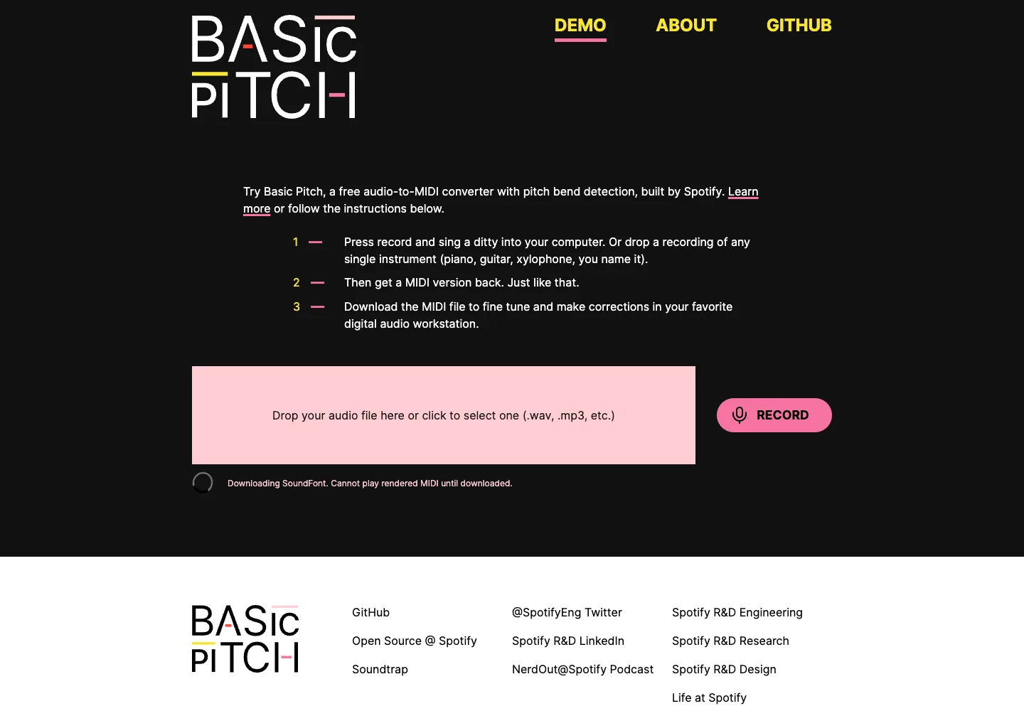 Basic Pitch official demo page for converting clean audio recordings into MIDI