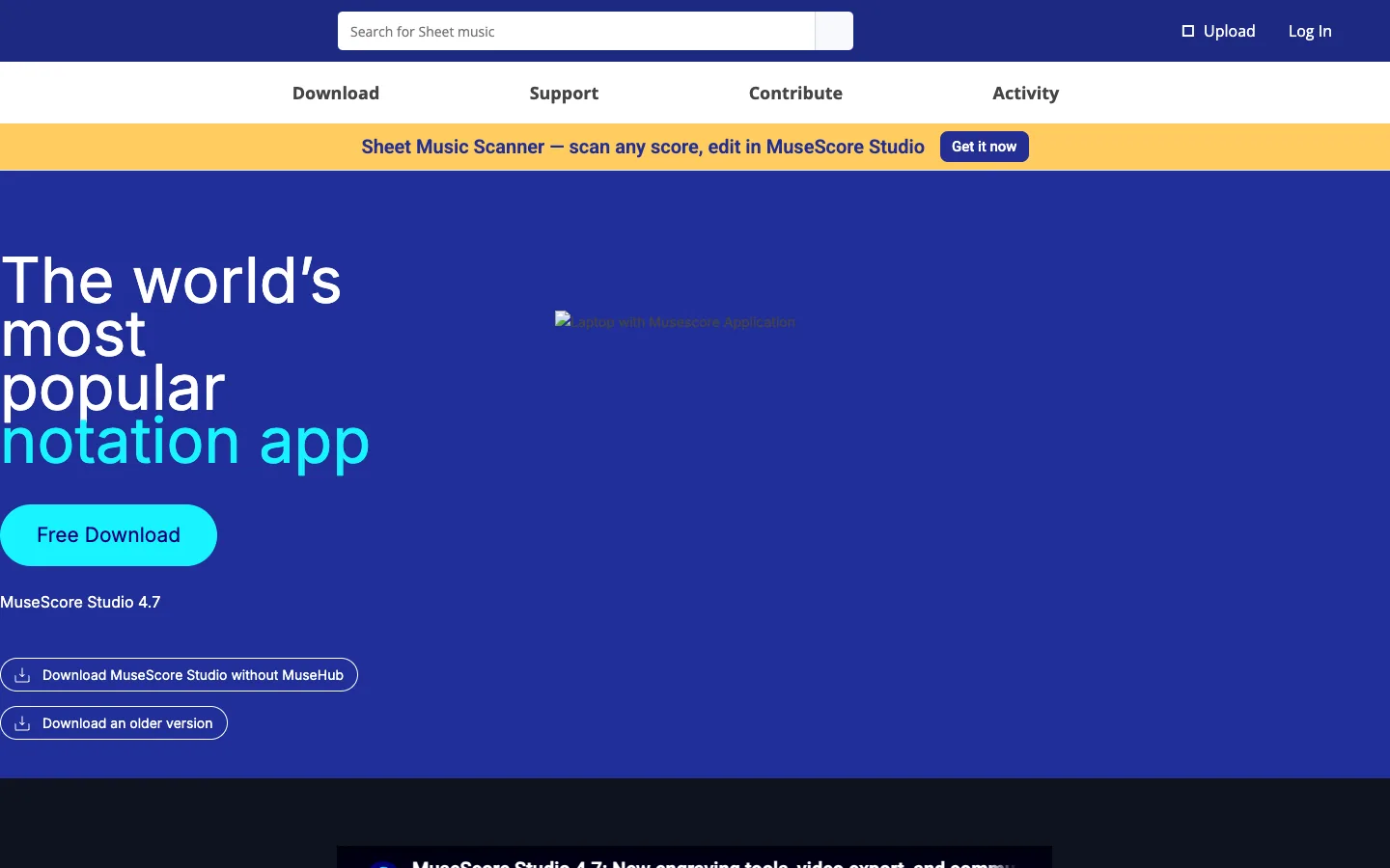MuseScore Studio official page showing the free notation app download