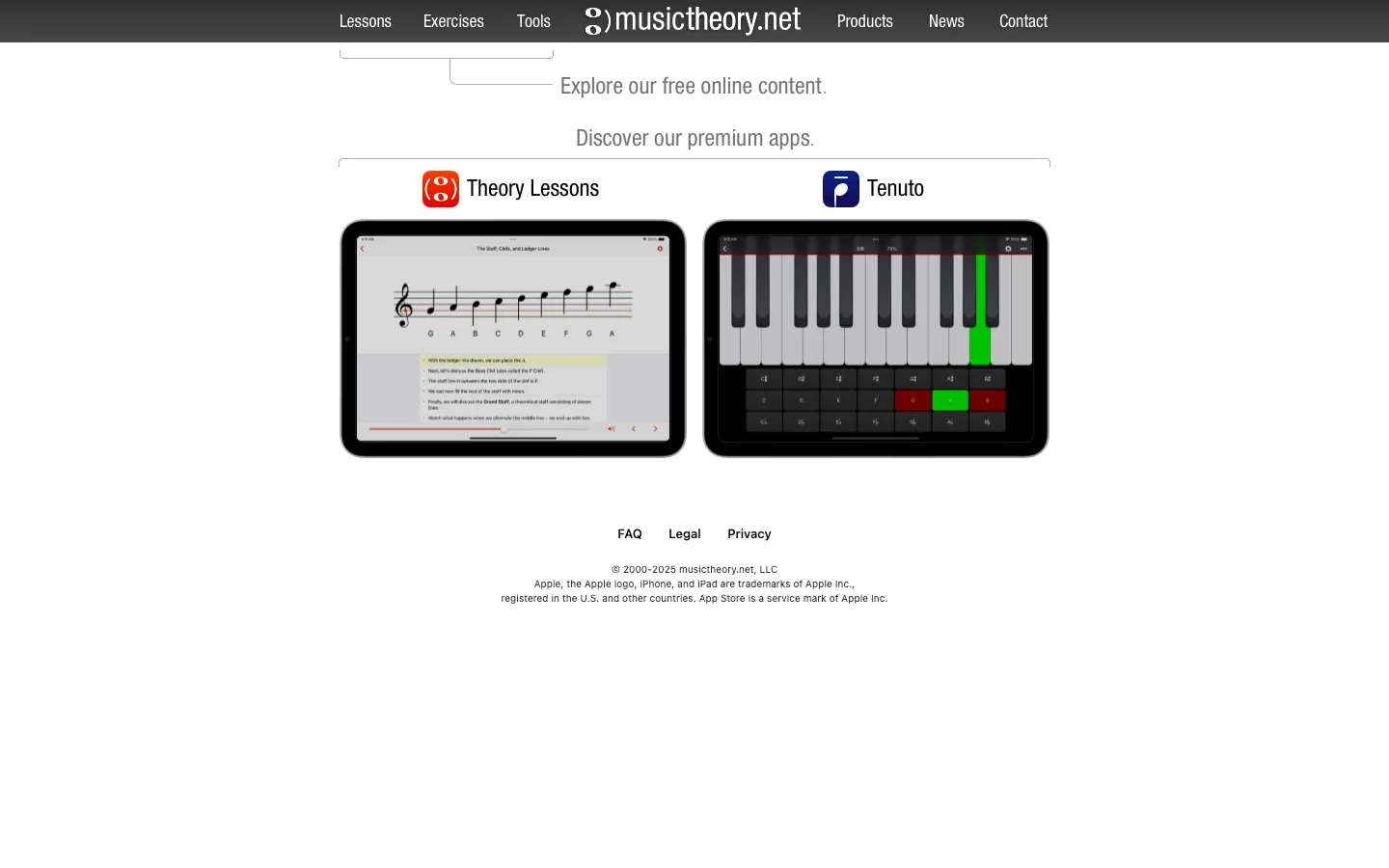 musictheory.net official page showing free online theory content and practice apps