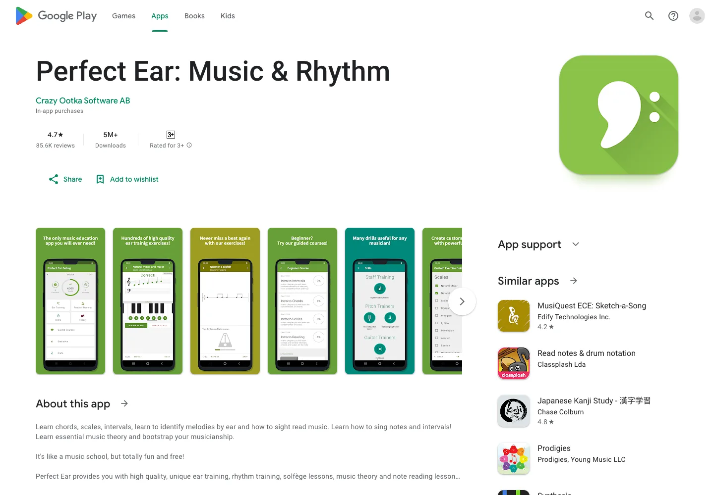 Perfect Ear Google Play product page for ear training, rhythm, sight reading, and music theory practice