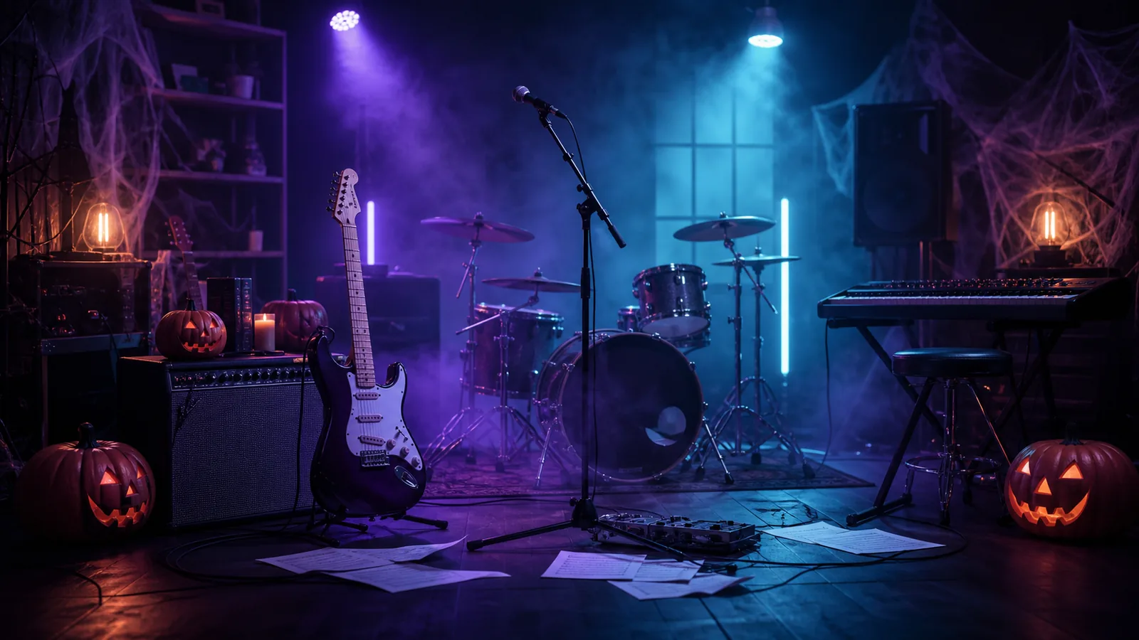 Halloween band setup with guitar, drums, keyboard, microphone, and pumpkins